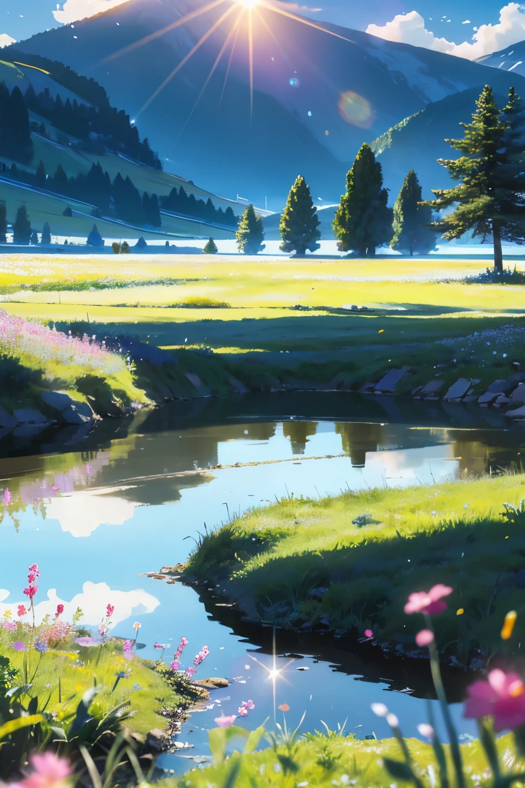Masterpiece anime, summer scene, meadows filled with vibrant flowers, a crystal-clear lake reflecting the blue sky, a majestic mountain in the background reminiscent of an alpine landscape. settlement plays with the sun's rays, dynamic and cinematic. The depth of field focus brings out every detail, from the intricate petals on the flowers to the textured blades of grass. The lens flare adds a touch of realism and artistry to the scene. Displayed in 9:16 aspect ratio, this hyper-detailed image is a feast for the eyes, bereft of any human presence to let nature take center stage.