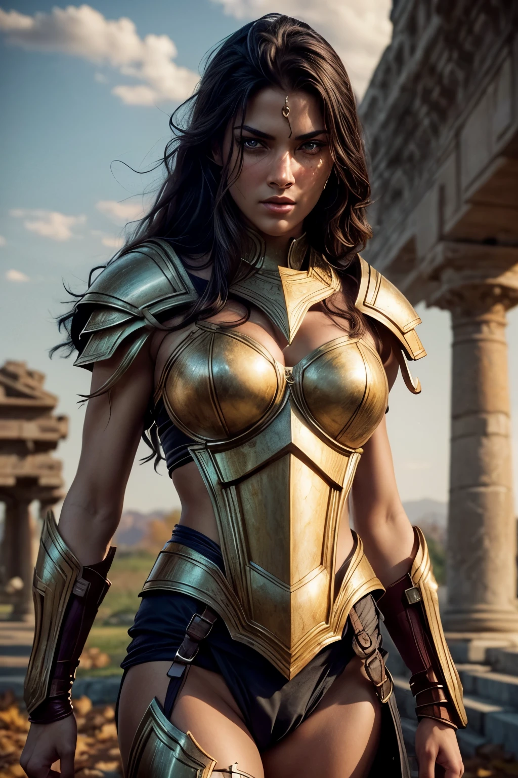 RAW, Best quality, high resolution, Masterpiece: 1.3), Beautiful Spartan Woman, Masterpiece, Defiant expression, Realistic, 1woman, chiseled features, toned body, armor, spear, helmet, shield, Spartan warrior, ancient Greece, battle scene, heroic pose, sun-kissed skin, outcome of endless training, intricately designed armor, detailed facial features, expressive eyes, battle-ready attitude, epic backdrop, autumn leaves, abandoned ruins, dramatic sunset.

3D Octane rendering, ray tracing, super detailing viewer, closeup.