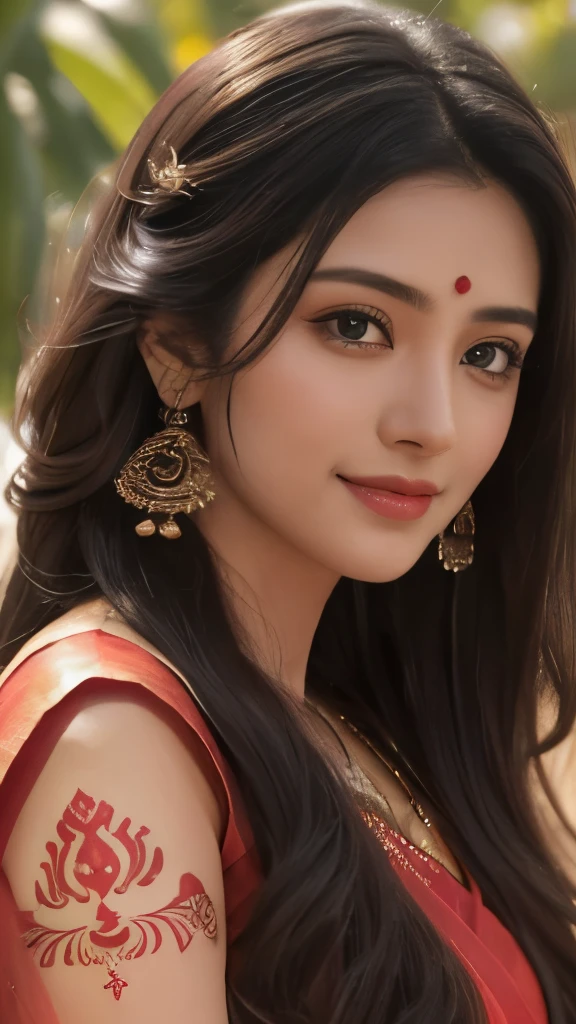 Close up, 24 year old indian woman, Bridal Red silky satin saree, White skin, long dense braided hair, Corn forming Fields landscapes background, ultra realistic, realism, cute, charming, day time, tattooed body, medium height, big eyes, pure Indian style saree, ambient lighting, perfect anatomy, detailed body and face, 8K, Masterpiece, RAW photo, Best quality, Photorealistic, Extremely detailed CG Unity 8K wallpaper, Noval Showing, Most Beautiful smile, ((smile:1.2)), very hot look eyes, Beautiful Smile