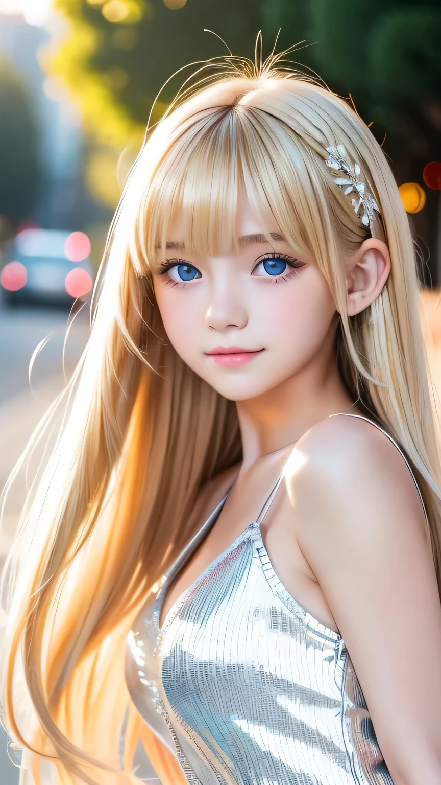 Sexy 17 year old with dazzling shiny blonde hair、The cutest little beautiful face in the world、Sparkling bangs dancing in front of her pretty face、Long, silky bangs that cover the eyes、Large, clear, bright blue eyes、Super long straight hair、Cute young woman with super long blonde shiny light hair、Small Face Beauty、Round face