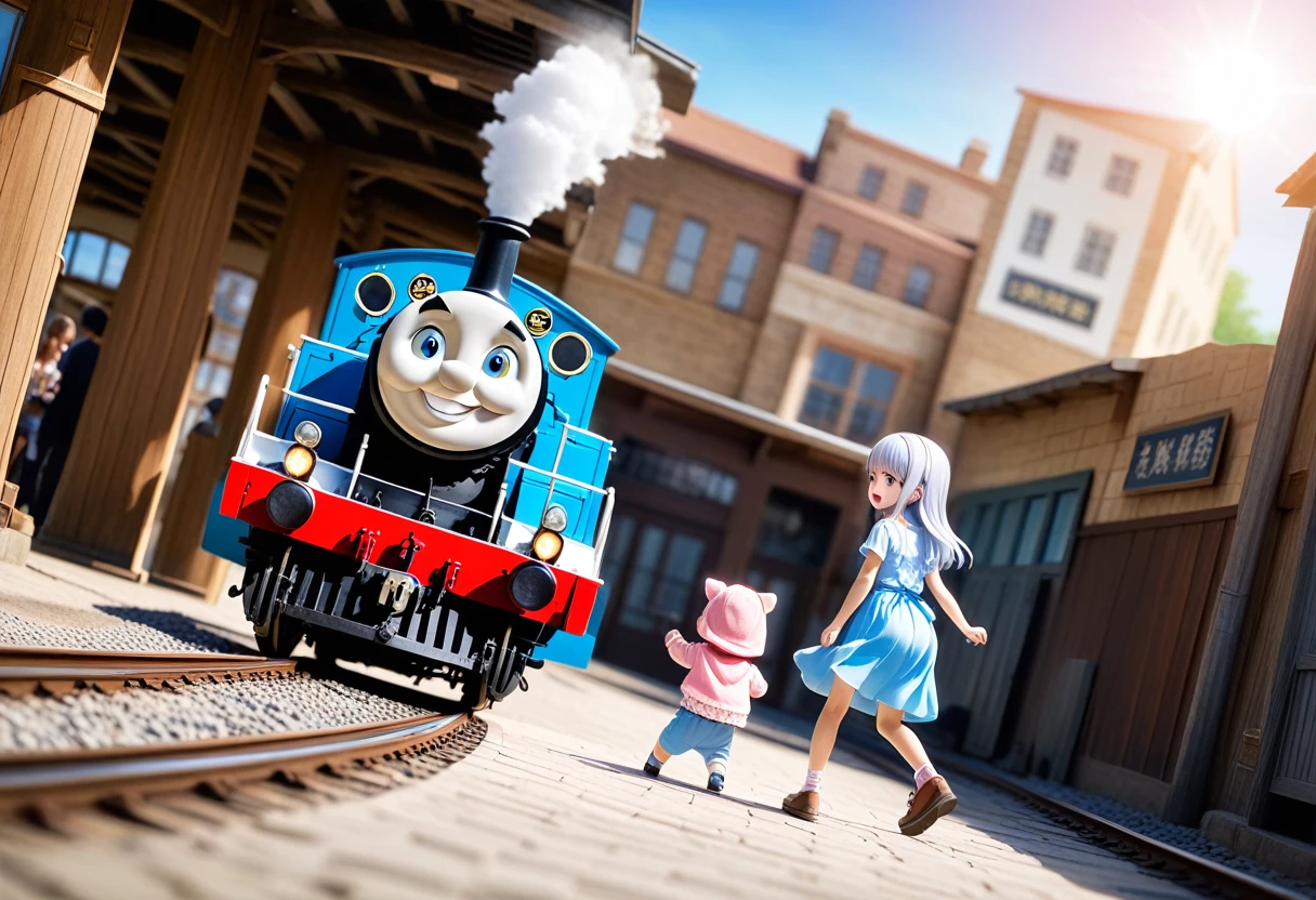 masterpiece, 最high quality, A girl and an old Japanese electric locomotive, similar to the EF58, next to her.、Suspenseful tension「an old electric locomotive」A composition in which a man approaches from behind a girl、Fisheye Lens、A girl in a wide-angle shot、sunlight, A dark navy blue sky with a gradation effect、A girl in the background、17 years old、 A cute face full of delicate and affectionate feelings、A happy look、Humorous images、Well-balanced eyes, nose and mouth、Baby Face, (Silver Hair)、A fantasy world where a girl stands next to a large, shabby building that looks like an old railroad shack, and a rugged, violent, tiny person the size of a sesame seed coexist.、Huge old trains and electric locomotives、A single huge EF58-like light is dimly lit, like a stone on the side of the road. An old electric locomotive 、Approaching the girl from behind was an enormous EF58 train, ten times the height of the girl.、railだらけで踏切の鳴りやまない古い町並みの世界観、People like sesame seeds walking down the street、People like sesame seeds biting the girl、Highly detailed and surreal brick station building, platform、rail、Branching point、と遠くまで行くrailと点滅してる踏切のランプや信号,地平線が見える広い視野のある景色に溶け込む正面から見るrailとホームと古い電気機関車、Detailed face, , Clear focus, Volumetric Fog, 8k , Large format SLR camera, high quality,, Wide-angle lens、Someone seems to be talking to Thomas.。Who was it that called him??Thomas the Tank Engine?
