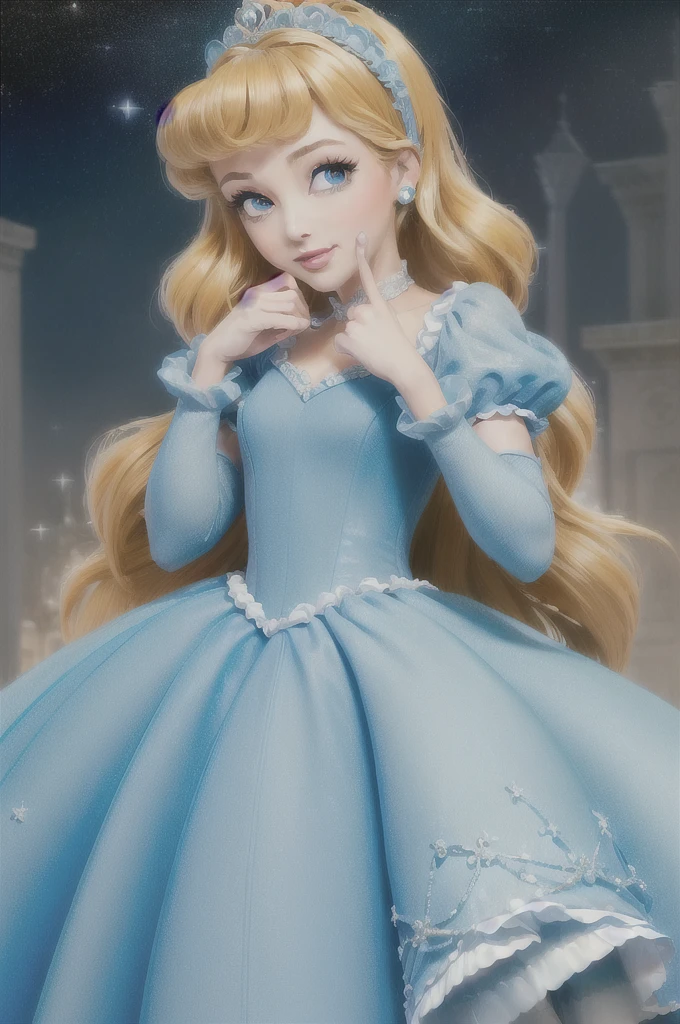 ((obra de arte:1.2), Melhor qualidade, high resolution, ultra-detalhado), Sozinho, 1 garota,
(CinderelaWaifu,princesa Cinderela da Disney,pele bonita,franja varrida,Not higher:1.4),(18 anos de idade,Seios grandes,olhos sexy,olhos turquesa,cabelo loiro:1.1),Rosto elegante,(faixa azul:1.3),
princess,
(1 garota, Sozinho:1.4), tiro de vaqueiro,(light blue rococo style dress:1.4), Luvas compridas, olhando para o espectador, (ar livre,At night,castelo,Starry sky:1.2),pose fofa