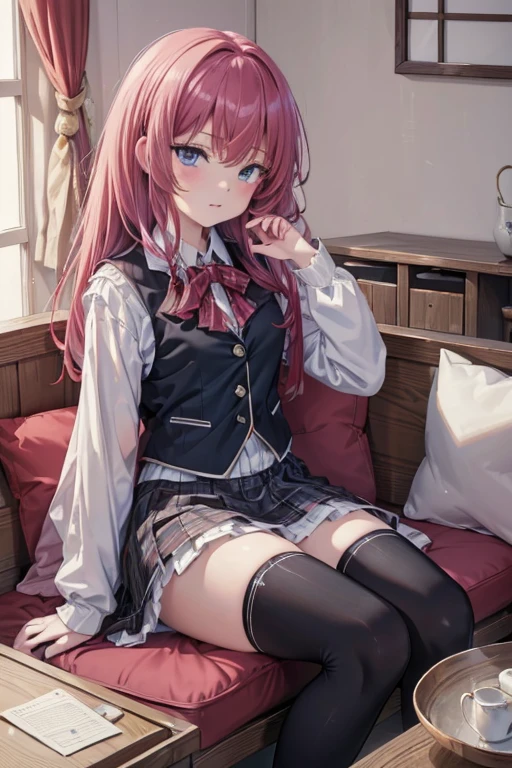 (8k, highest quality, Tabletop:1.2)、Ultra-high resolution、One ****************, Detailed face、blue eyes, Red hair, White panties, White blouse, Black vest, Black plaid skirt, white high knee socks, Tatami room, Japanese cushion, Sit with one leg upright