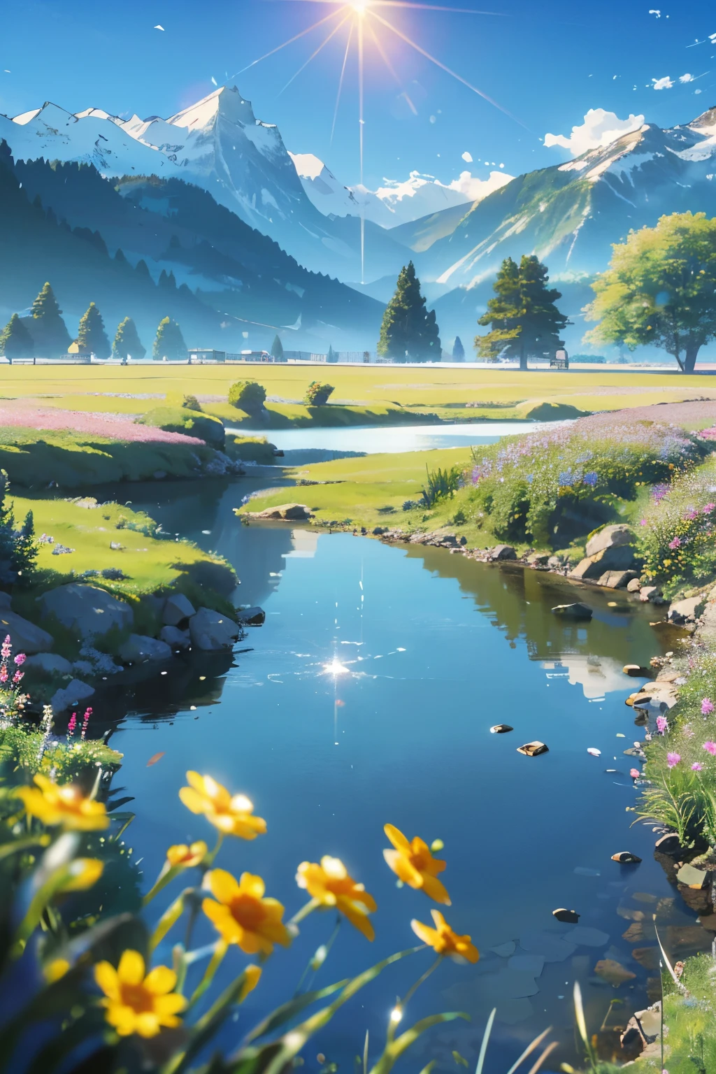 Masterpiece anime, summer scene, meadows filled with vibrant flowers, a crystal-clear lake reflecting the blue sky, a majestic mountain in the background reminiscent of an alpine landscape. settlement plays with the sun's rays, dynamic and cinematic. The depth of field focus brings out every detail, from the intricate petals on the flowers to the textured blades of grass. The lens flare adds a touch of realism and artistry to the scene. Displayed in 9:16 aspect ratio, this hyper-detailed image is a feast for the eyes, bereft of any human presence to let nature take center stage.