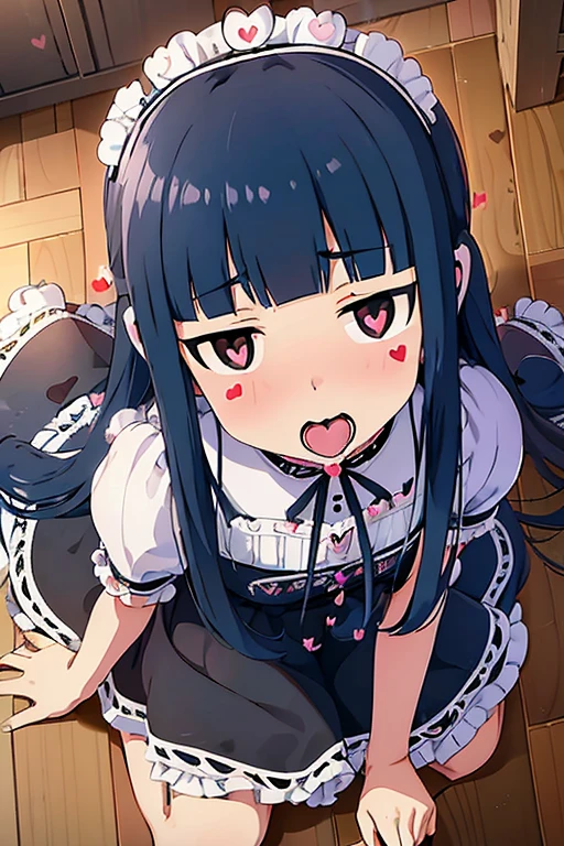 yukimi, 10 yo., long hair, blunt bangs, flat chest, expressionless, shy, black maid-dress, kneeling on floor, (heart-shaped pupils:2.0), opened mouth, (mouth gag, Mouth Opener), gaping mouth, gapemouth, best quality, masterpiece, highly detailed,
