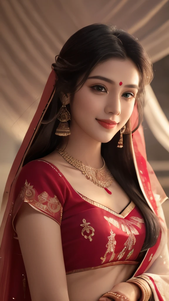 Close up, 24 year old indian woman, Bridal Red silky satin saree, White skin, long dense braided hair, Corn forming Fields landscapes background, ultra realistic, realism, cute, charming, day time, tattooed body, medium height, big eyes, pure Indian style saree, ambient lighting, perfect anatomy, detailed body and face, 8K, Masterpiece, RAW photo, Best quality, Photorealistic, Extremely detailed CG Unity 8K wallpaper, Noval Showing, Most Beautiful smile, ((smile:1.2)), very hot look eyes, Beautiful Smile 