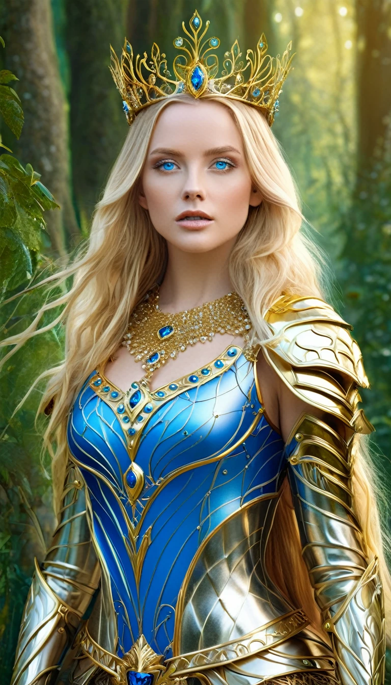 A captivating fantasy illustration of a beautiful blonde woman with blue eyes. She is dressed in intricate golden armor adorned with exquisite jewels and wears a majestic golden crown on her head. Her long, flowing blonde hair cascades down her shoulders. Surrounding her are elements of a mystical forest, with large trees, vines, and mysterious creatures, creating an enchanting atmosphere., illustration