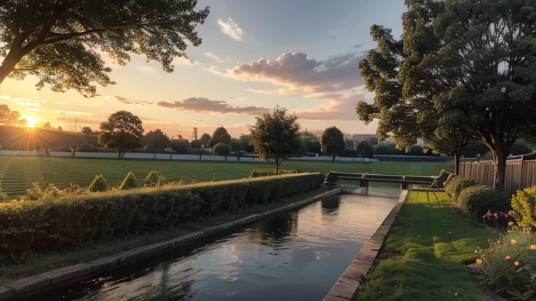 a beautiful sunset at riverside with greenery and garden