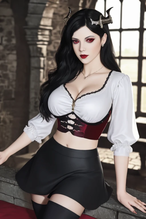 masterpiece, gothic aesthetic, dream atmosphere, ultra realistic, 16k, best quality, absurdres, perfect anatomy, 1girl, goth brunette, voluminous silky hair, goth makeup, bright red eyes (intense look), pale-white skin (highlighted), realistic shading, solo, Caera, red eyes, black t-shirt, large natural breasts cleavage, large hips, black mini skirt, tights (realistic textures), pretty seductive, upper body, beautiful girl, happy, inside a medieval castle, different poses at different angles, blurred background, cinematic, Photorealistic.