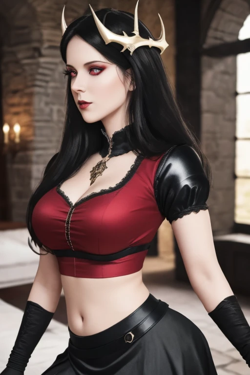 masterpiece, gothic aesthetic, dream atmosphere, ultra realistic, 16k, best quality, absurdres, perfect anatomy, 1girl, goth brunette, voluminous silky hair, goth makeup, bright red eyes (intense look), pale-white skin (highlighted), realistic shading, solo, Caera, red eyes, black t-shirt, large natural breasts cleavage, large hips, black mini skirt, tights (realistic textures), pretty seductive, upper body, beautiful girl, happy, inside a medieval castle, different poses at different angles, blurred background, cinematic, Photorealistic.