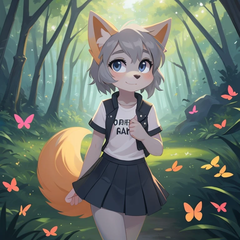 source_furry, furry fox girl, 1girl with (gray hair and gray skin and gray fur), wearing a black denim jacket and a white t-shirt, wearing a pleated black skirt, outside in a magical forest with butterflies