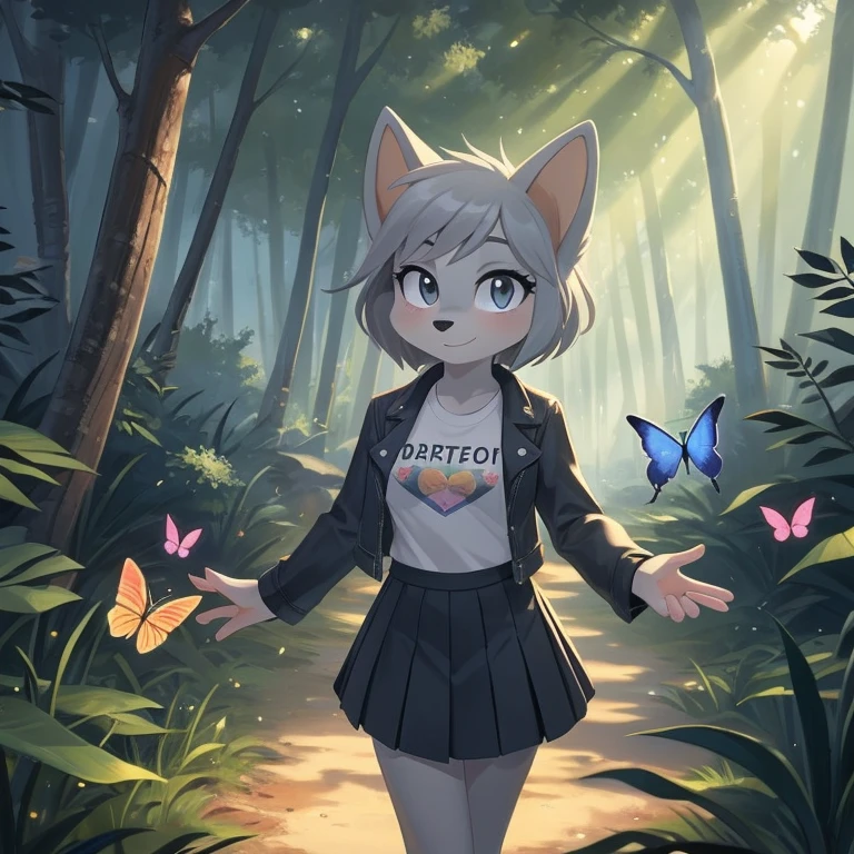 source_furry, furry fox girl, 1girl with (gray hair and gray skin and gray fur), wearing a black denim jacket and a white t-shirt, wearing a pleated black skirt, outside in a magical forest with butterflies