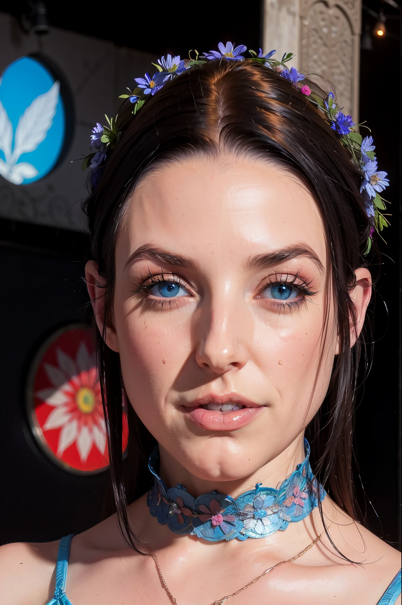 blue eyes, vibrant colors, dreamy atmosphere, bokeh, masterful brushstrokes, surreal composition, high resolution, artistic interpretation, ethereal beauty.