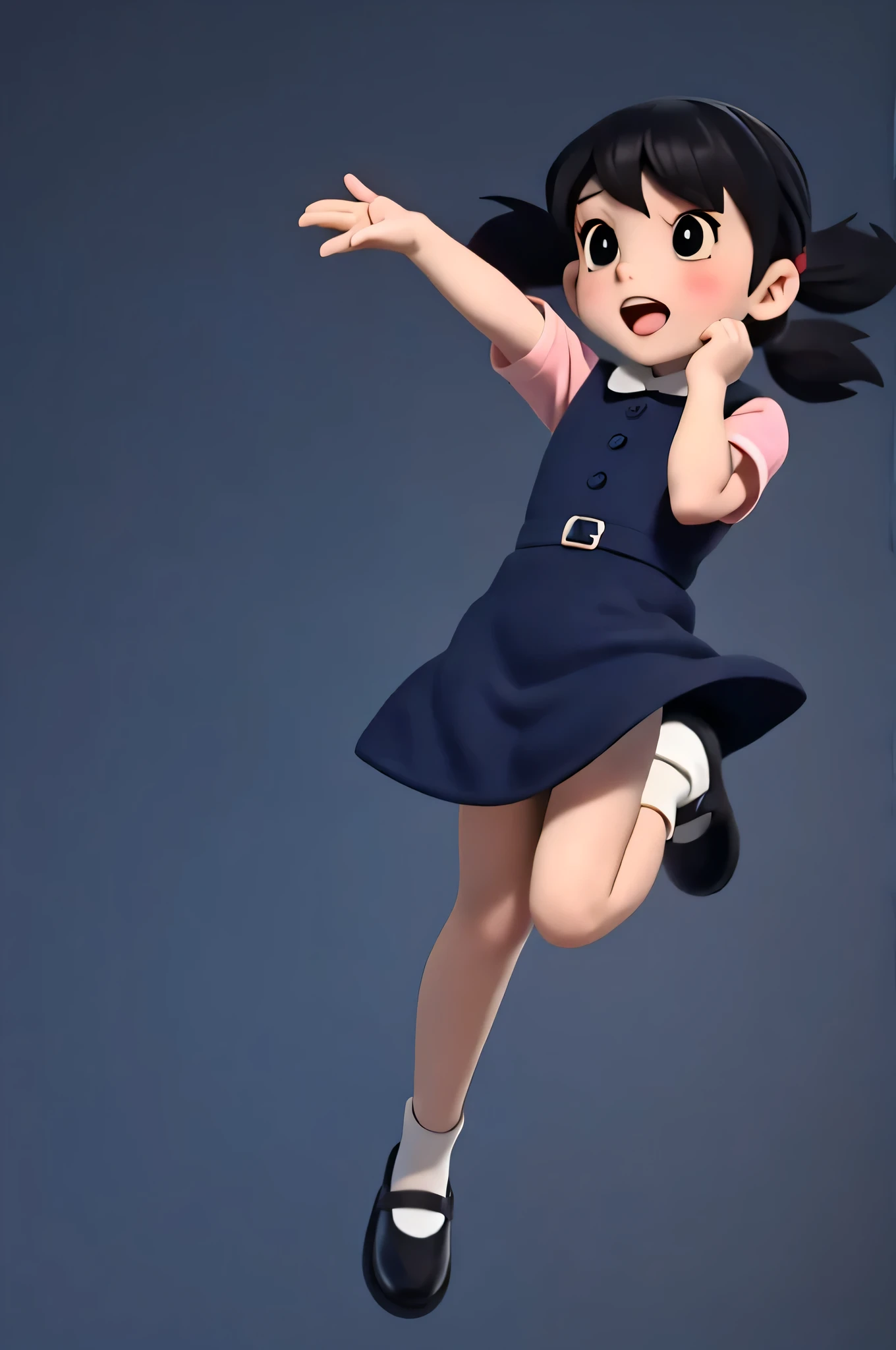 3DMM,No Asian, (Simple Background), whole body, One girl, alone, ((Minamoto Shizuka))、View your viewers, Black Hair, Pigtails、 Medium chest, Dark Blue Dress, Dark blue shoes, tooth, black eye, (Jump with your arms out to the sides)