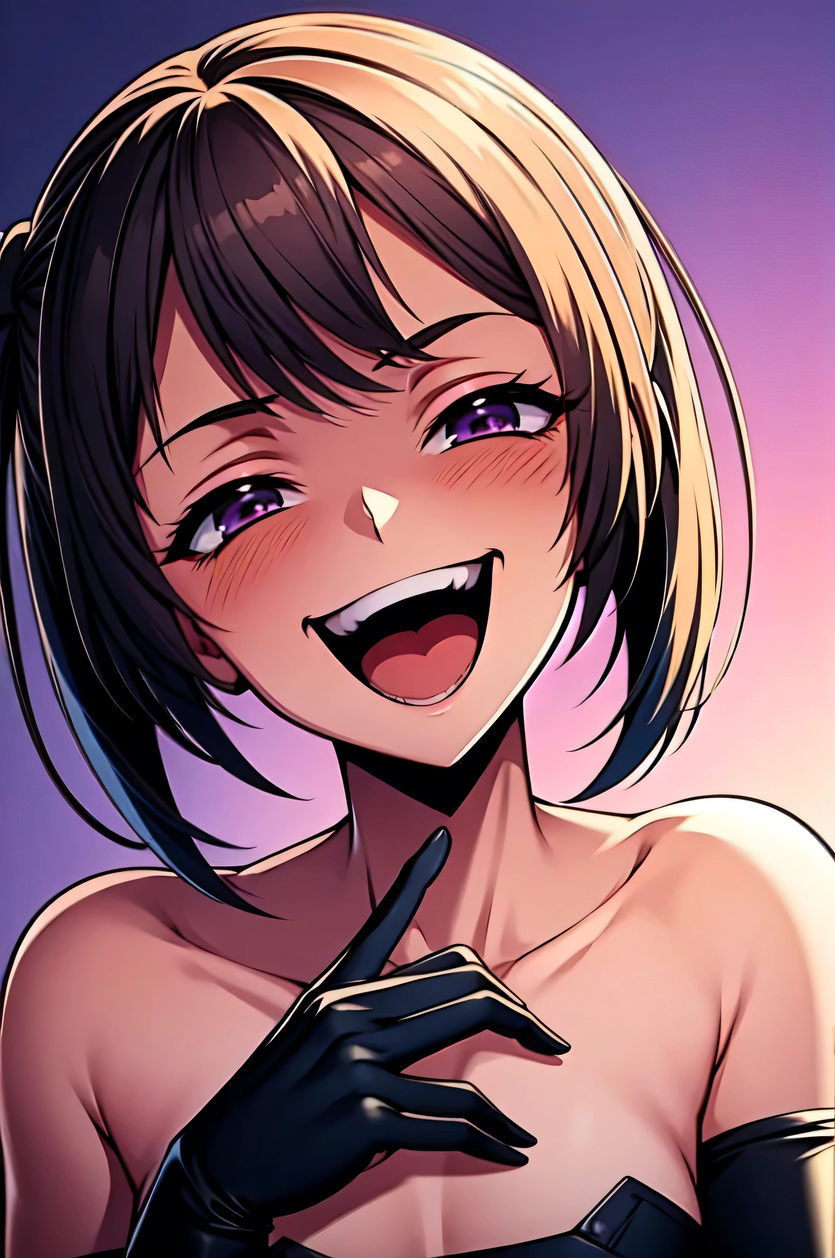 Best picture quality, 4K, 8K, High resolution, Masterpiece: 1.2), ultra detailed,,black and dark aura background,masterpiece, highest quality,best quakity, High resolution,,twintail,flat chest,sheded face,latex,elbow gloves,evil smile,sadistic,evil laugh,small girl,,Shiny skin,black and purple background