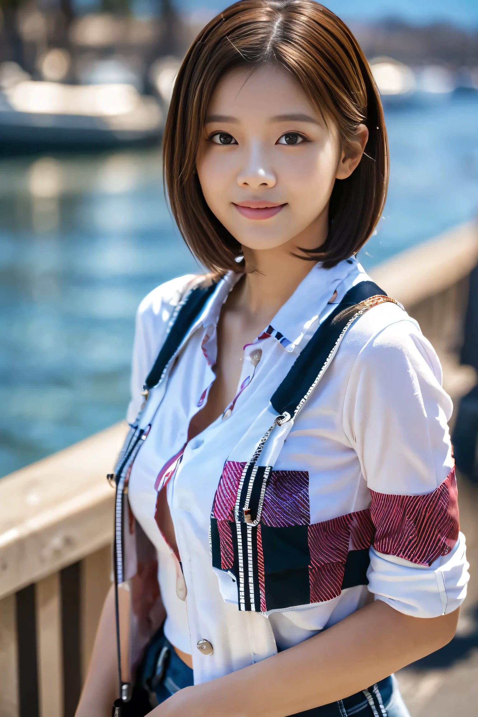 (18-year-old female), (The best quality at its best:1.4), (Super detailed), (Very detailed CG unified 16k), Beautiful woman with perfect figure: 1.4, Sharp focus: 1.2, Very detailed, High-quality RAW color photos, Professional photography, Great face and eyes, Beautiful eyelashes、cosmetics, (Amazingly beautiful girl), ((Gingham Check Shirt, White Flared Cart:1.5)), Are standing, Sexy posture,(harbor:1.3), (View from below), Realistic movie faces, Wide zoomed out view of head to foot length, Full body long view, Realistic, ((Realistic natural light brown hair color, Realistic blue eyes)),( Short Bob Hair:1.5), nice, Very beautiful face, Perfect model beauty, Mouth swelling, Highly detailed face and skin texture, Fine grain, double eyelid, Medium chest, smile, Crack, west, (masterpiece), highest quality, High resolution, Very detailed, Blurred Background, Depth of written boundary, Cinema Lighting, Great legs, High heels, Clear, well-maintained skin, (((Women make up the majority of the photo)))