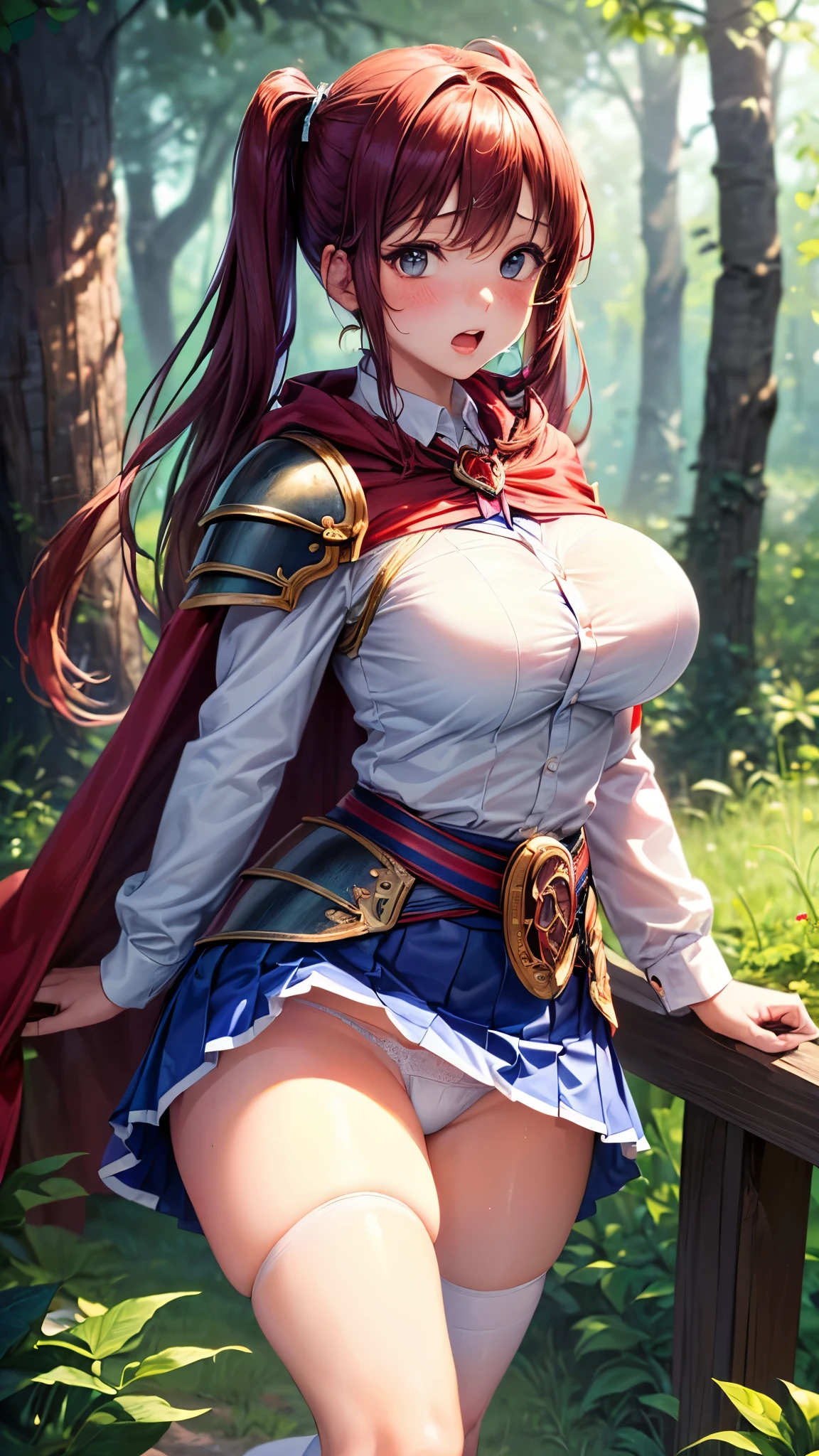 best quality,1girl,((((:1.3)))))),((big breasts:1.3)),curvy,orgasm,blush, sweat,black eyes,red hair,long hair,twintail,((waist-cape armor,white shirt,blue skirt:1.3)),mini skirt,fantasy,((lift skirt,upskirt,lace panties,white panties:1.1)),kneehighs,forest,open shirt