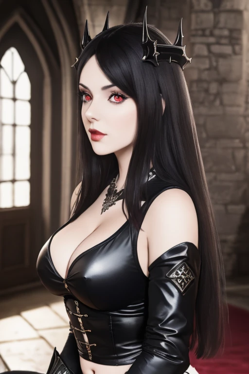 masterpiece, gothic aesthetic, dream atmosphere, ultra realistic, 16k, best quality, absurdres, perfect anatomy, 1girl, goth brunette, voluminous silky hair, goth makeup, bright red eyes (intense look), pale-white skin (highlighted), realistic shading, solo, Caera, red eyes, black t-shirt, large natural breasts cleavage, large hips, black mini skirt, tights (realistic textures), pretty seductive, upper body, beautiful girl, happy, inside a medieval castle, different poses at different angles, blurred background, cinematic, Photorealistic.