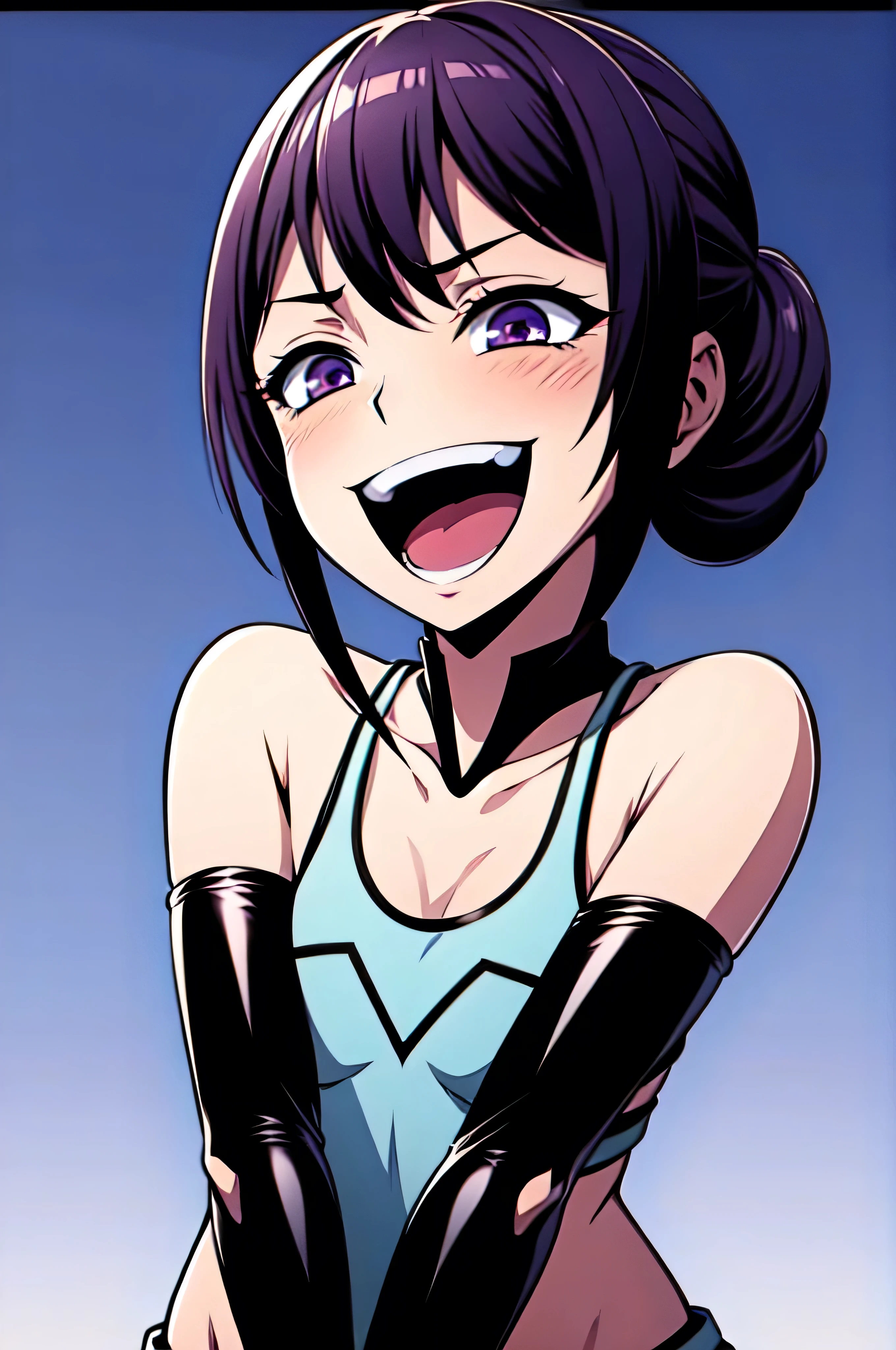 Best picture quality, 4K, 8K, High resolution, Masterpiece: 1.2), ultra detailed,,black and dark aura background,masterpiece, highest quality,best quakity, High resolution,,twintail,flat chest,sheded face,latex,elbow gloves,evil smile,sadistic,evil laugh,small girl,,Shiny skin,black and purple background