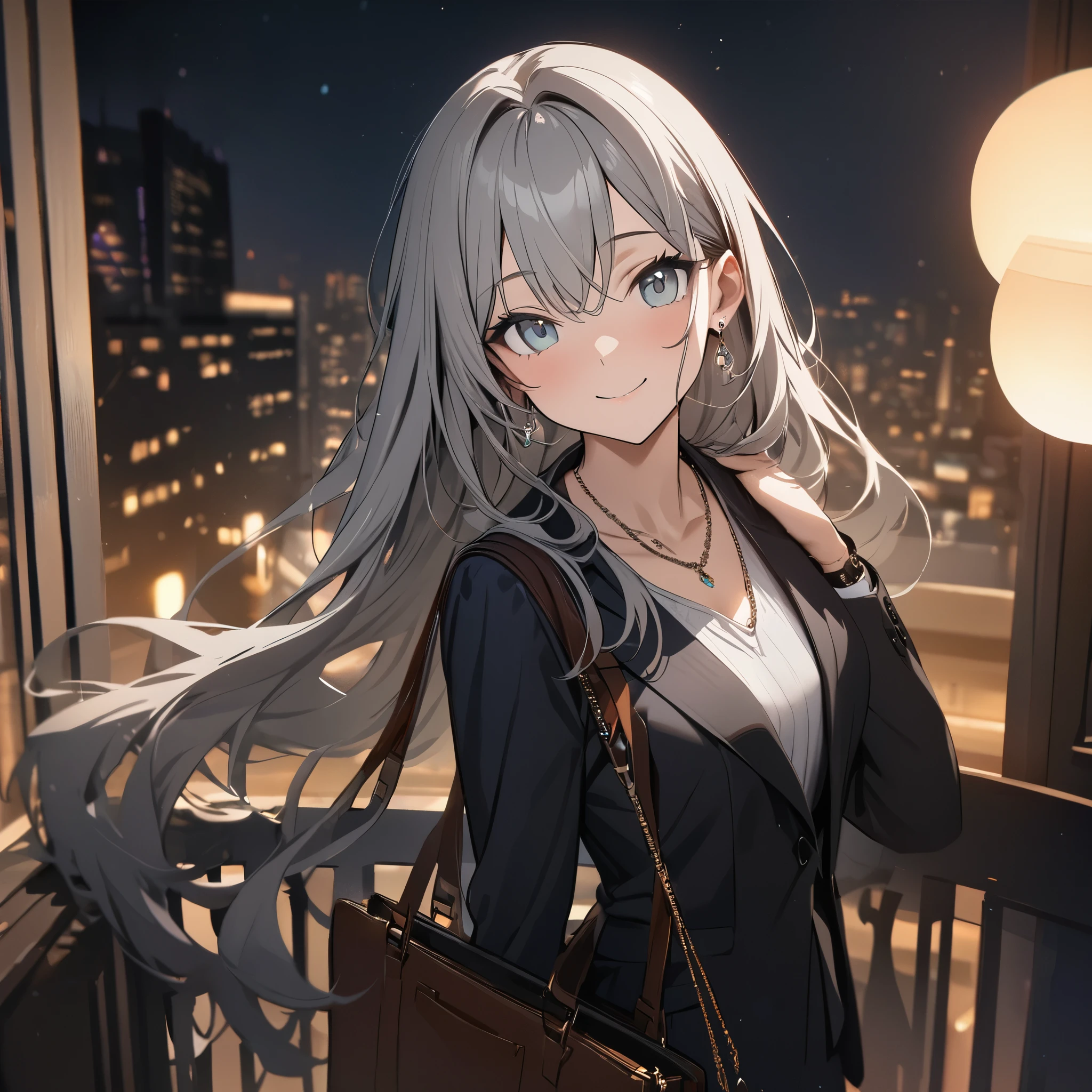 masterpiece, highest quality, Ultra-high resolution, Ultra-fine, 4K, 8k, highest quality, beautiful, Cute Woman, alone, (beautiful,Gray Hair, beautiful eyes, Long Hair, smile), smile,balcony,night,suit,necklace, Earrings, accessories, bag, Great lighting,Excellent resolution,, Audio Notes,