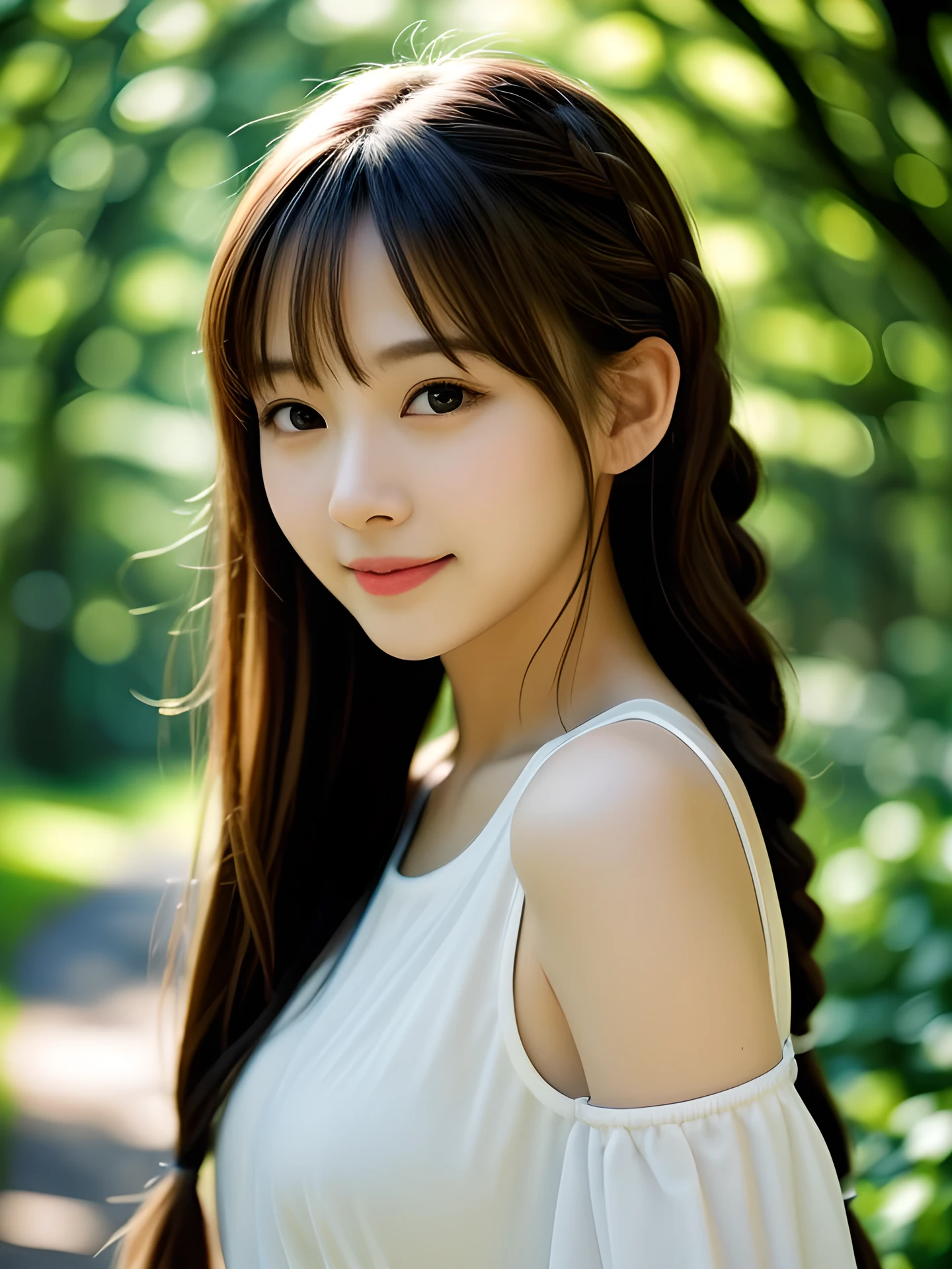 masterpiece, highest quality, High resolution, wallpaper, realistic, (bright lighting:1.4), professional lighting, face light, smooth lighting, japanese girl, full body, cute, happy, smile, shy, Beautiful girl, gravure, , super beautiful, beautiful skin, beautiful and detailed eyes、detailed face、slim、moderately, braid hair, bangs, brunette colored hair, brown eyes, (looking side:1.4), Summer Dresses, The morning sunlight shines through the misty forest path.