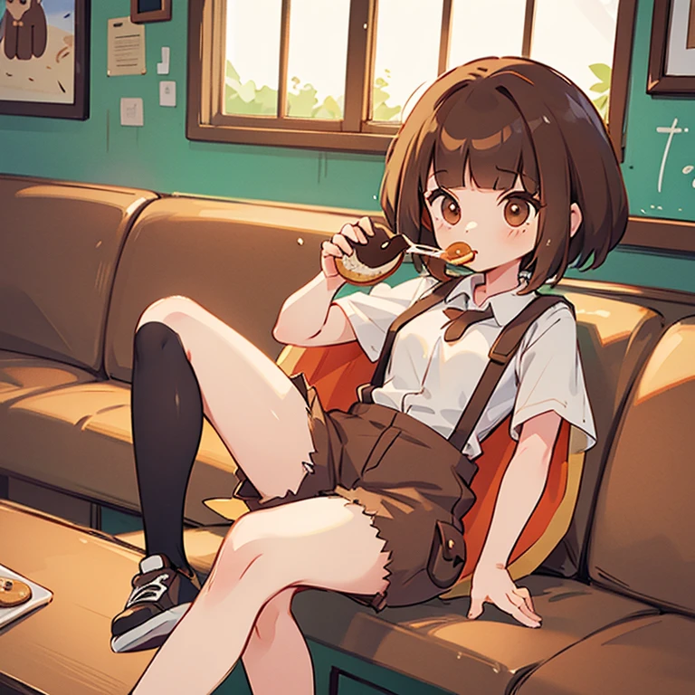 Brown-haired girl wearing a cape eating coffee and donuts in a coffee shop　Wearing sneakers　Shorts with suspenders　The coffee is in the cup　The donut is on the plate