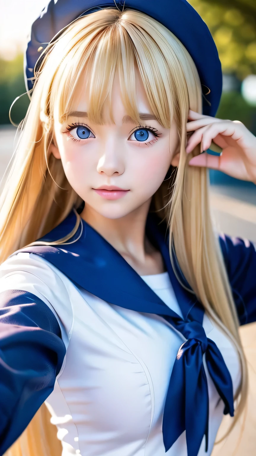 Sexy with dazzling shiny blonde hair、Sailor suit、The cutest little beautiful face in the world、Sparkling bangs dancing in front of her pretty face、Long, silky bangs that cover the eyes、Large, clear, bright blue eyes、Hair above the eyes、Hair on the face、Super long straight hair、Cute young woman with super long blonde shiny light hair、Small Face Beauty、Round face、Ample Bust