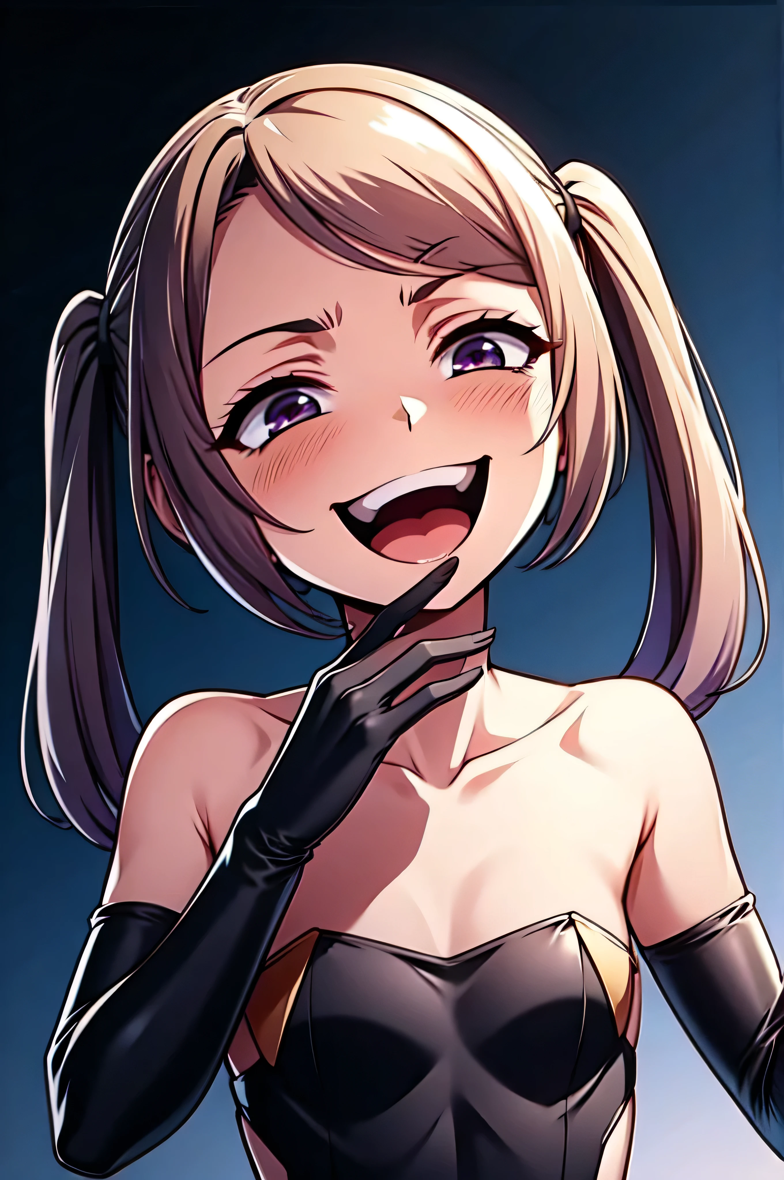 Best picture quality, 4K, 8K, High resolution, Masterpiece: 1.2), ultra detailed,,black and dark aura background,masterpiece, highest quality,best quakity, High resolution,,twintail,flat chest,sheded face,latex,elbow gloves,evil smile,sadistic,evil laugh,small girl,,Shiny skin,black and purple background