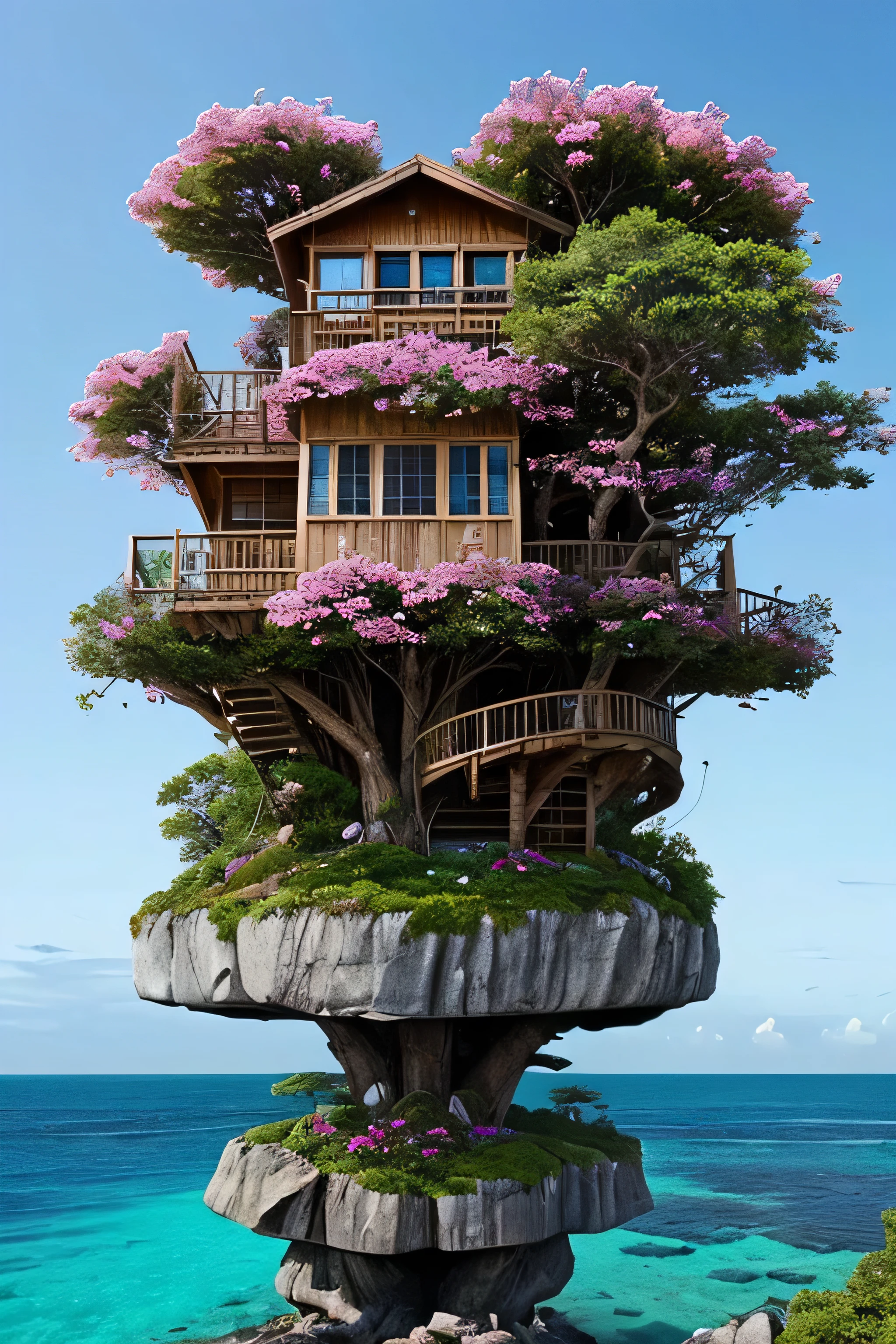 Perfection The Coolest tree house on a large rock in the middle of the sea with flowers in front of the house and trees on both sides of the house
