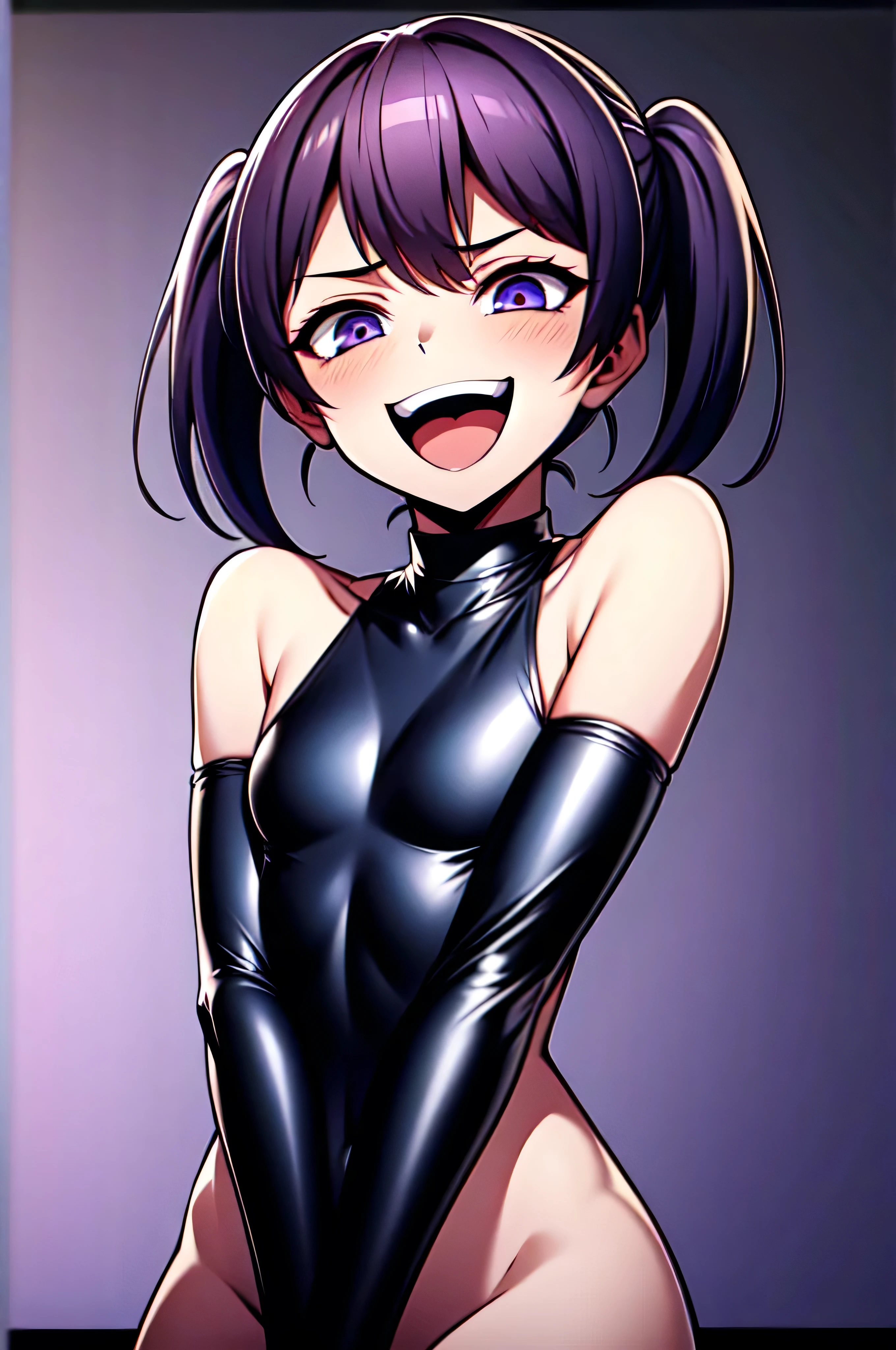 Best picture quality, 4K, 8K, High resolution, Masterpiece: 1.2), ultra detailed,,black and dark aura background,masterpiece, highest quality,best quakity, High resolution,,twintail,flat chest,sheded face,latex,elbow gloves,evil smile,sadistic,evil laugh,small girl,,Shiny skin,black and purple background