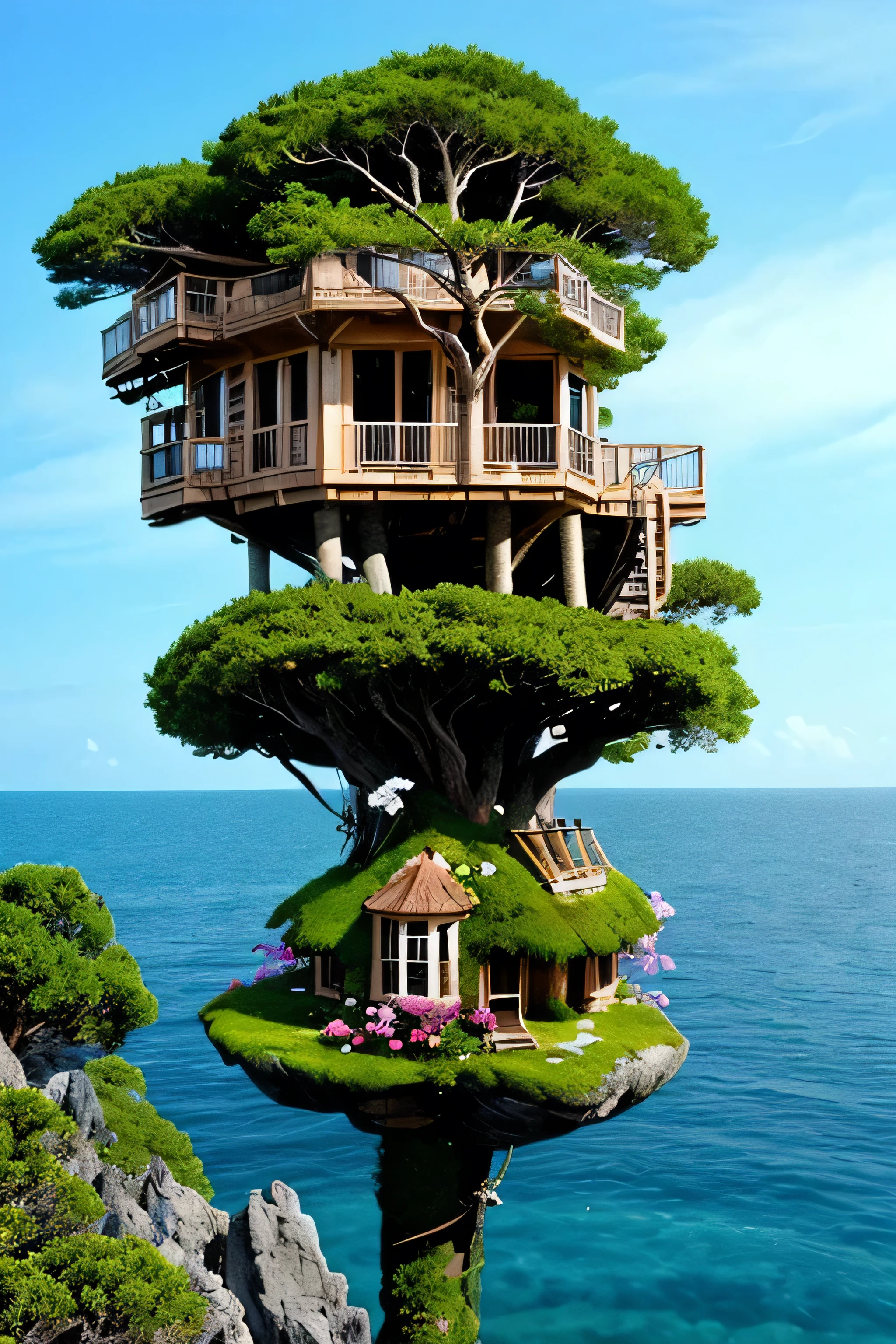 Perfection The Coolest tree house on a large rock in the middle of the sea with flowers in front of the house and trees on both sides of the house
