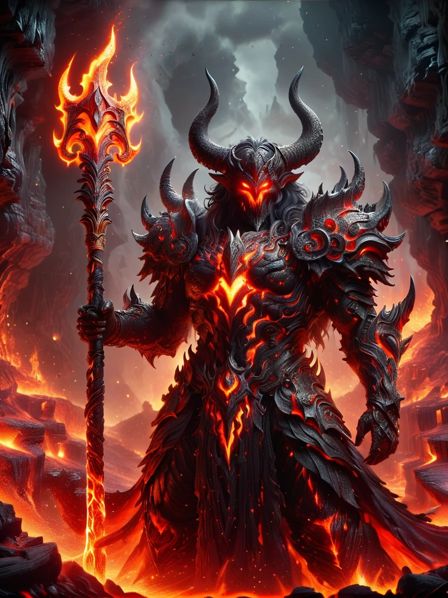 A demon with molten lava skin，Deep red，With menacing horns and glowing eyes，Standing proudly，In one of its claws，Holding tightly a gleaming sharp trident，It has a large amount of gold coins and precious gems，To symbolize its wealth，On the surrounding ground，Full of various currencies，Jewelry，treasure，Exudes an alluring glow，This eerie scene is set against a dark and ominous backdrop of a lava cave.，Creating a disturbing yet mesmerizing effect