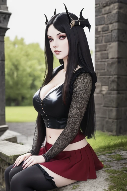 masterpiece, gothic aesthetic, dream atmosphere, ultra realistic, 16k, best quality, absurdres, perfect anatomy, 1girl, goth brunette, voluminous silky hair, goth makeup, bright red eyes (intense look), pale-white skin (highlighted), realistic shading, solo, Caera, red eyes, black t-shirt, large natural breasts cleavage, large hips, black mini skirt, tights (realistic textures), pretty seductive, upper body, beautiful girl, happy, inside a medieval castle, different poses at different angles, blurred background, cinematic, Photorealistic.