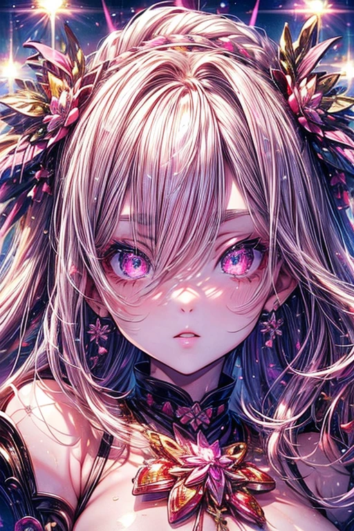 masterpiece,highest quality,Sakura Hair,Pink Eyes,((Sparkling eyes)),Beautiful Face,Long eyelashes,Thin eyebrows,Fine grain,The most beautiful in the world,Idol,The most beautiful in the world,Big Breasts,Best Style,White skin stage lighting