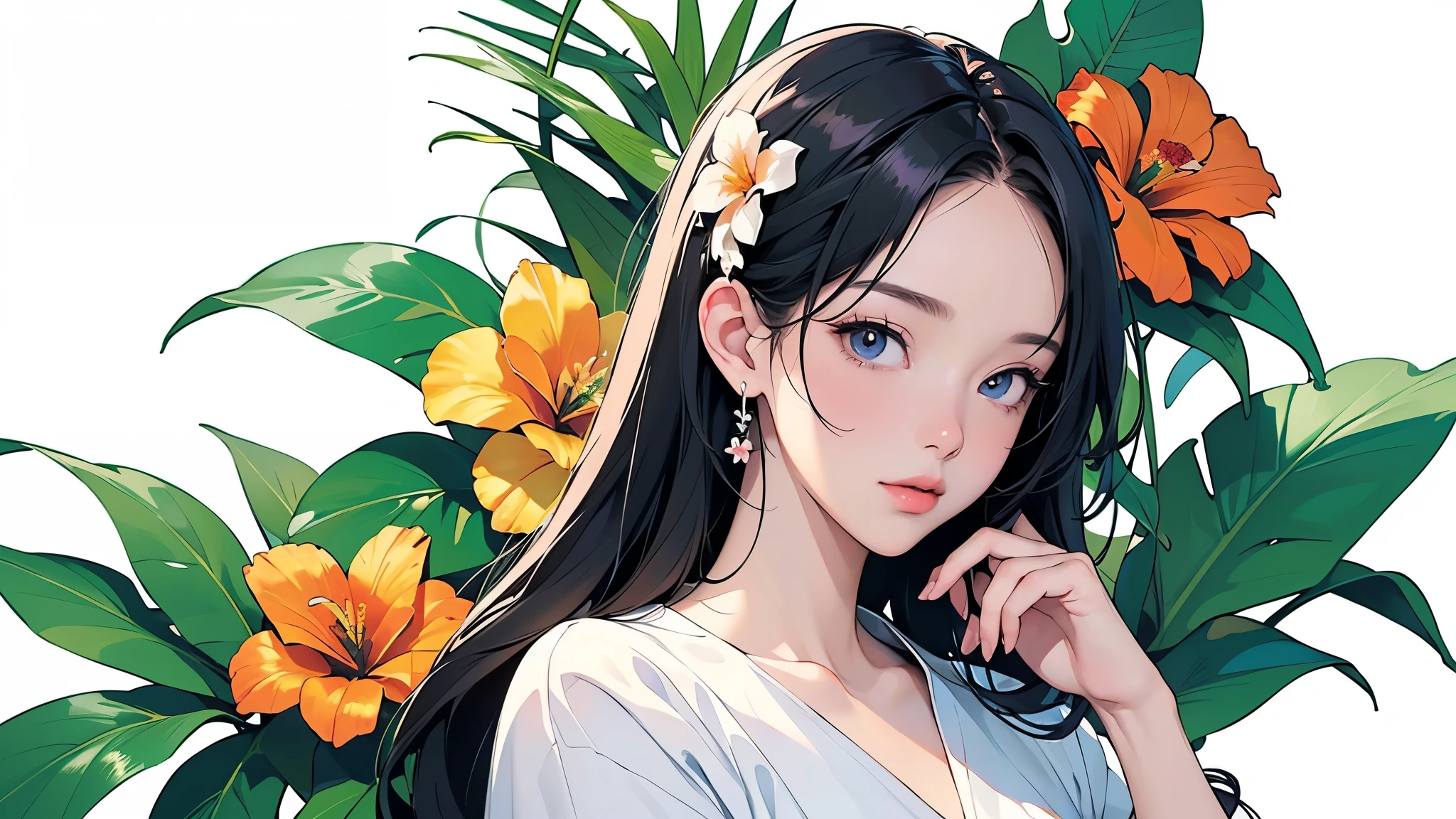 (highest quality、masterpiece、High resolution)、4K Anime Art、((Background Art))、((Tropical flowers and plants))、(Blank Background)、((White Background))、