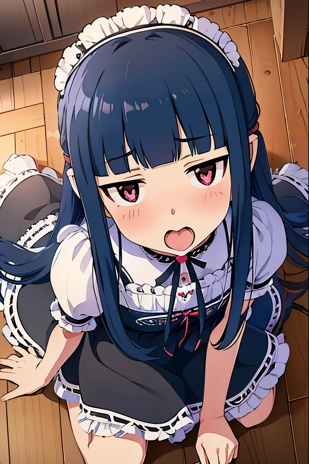 yukimi, ., long hair, blunt bangs, flat chest, expressionless, shy, black maid-dress, kneeling on floor, opened mouth, (mouth gag, Mouth Opener:1.5), gaping mouth, gapemouth, upward glance, (from above:1.2), face close-up, best quality, masterpiece, highly detailed,