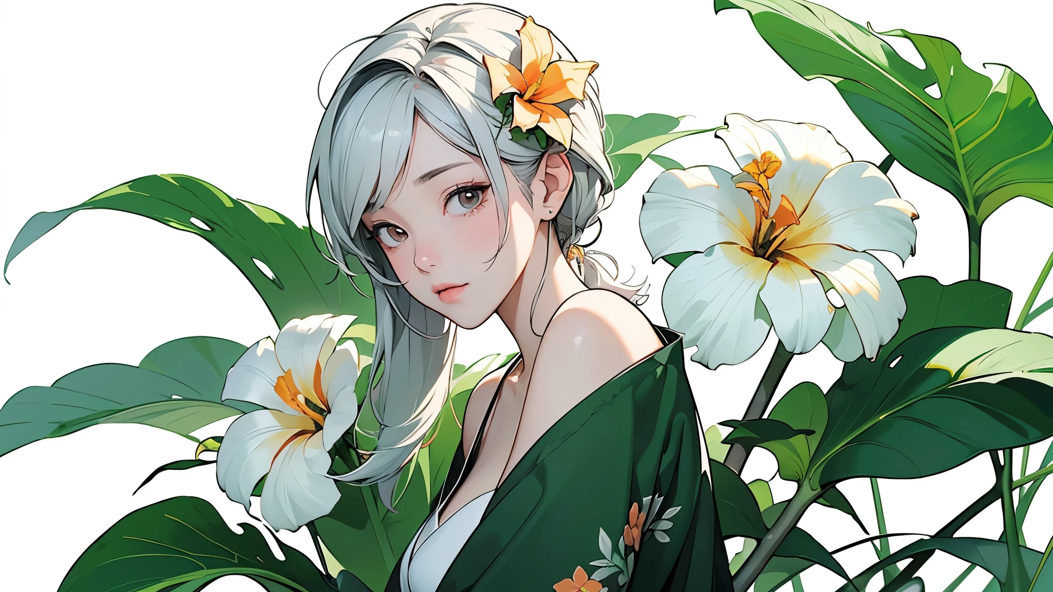(highest quality、masterpiece、High resolution)、4K Anime Art、((Background Art))、(((Only tropical flowers and plants are drawn)))、(Blank Background)、((White Background))、