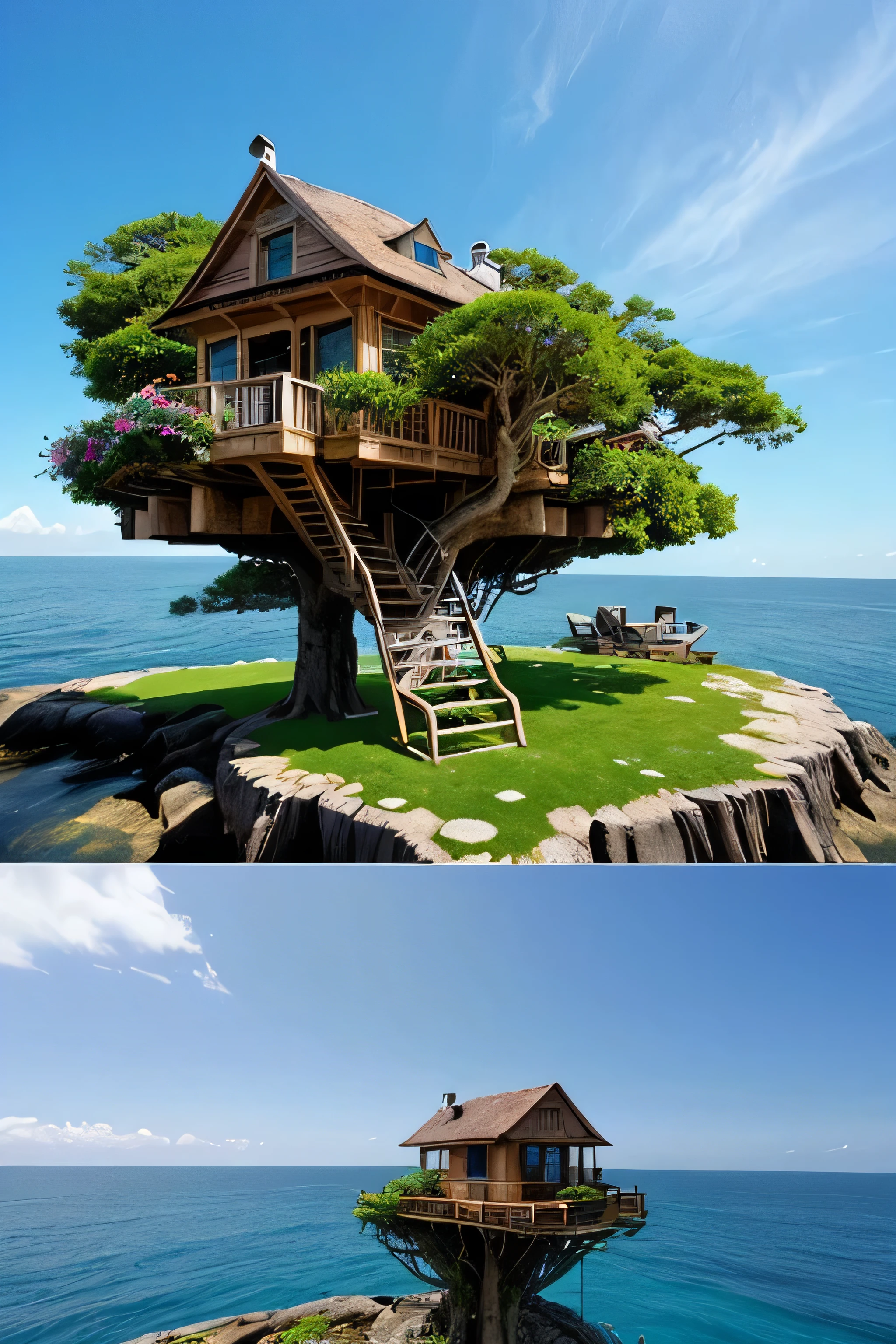 Perfection The Coolest tree house on a large rock in the middle of the sea with flowers in front of the house and trees on both sides of the house