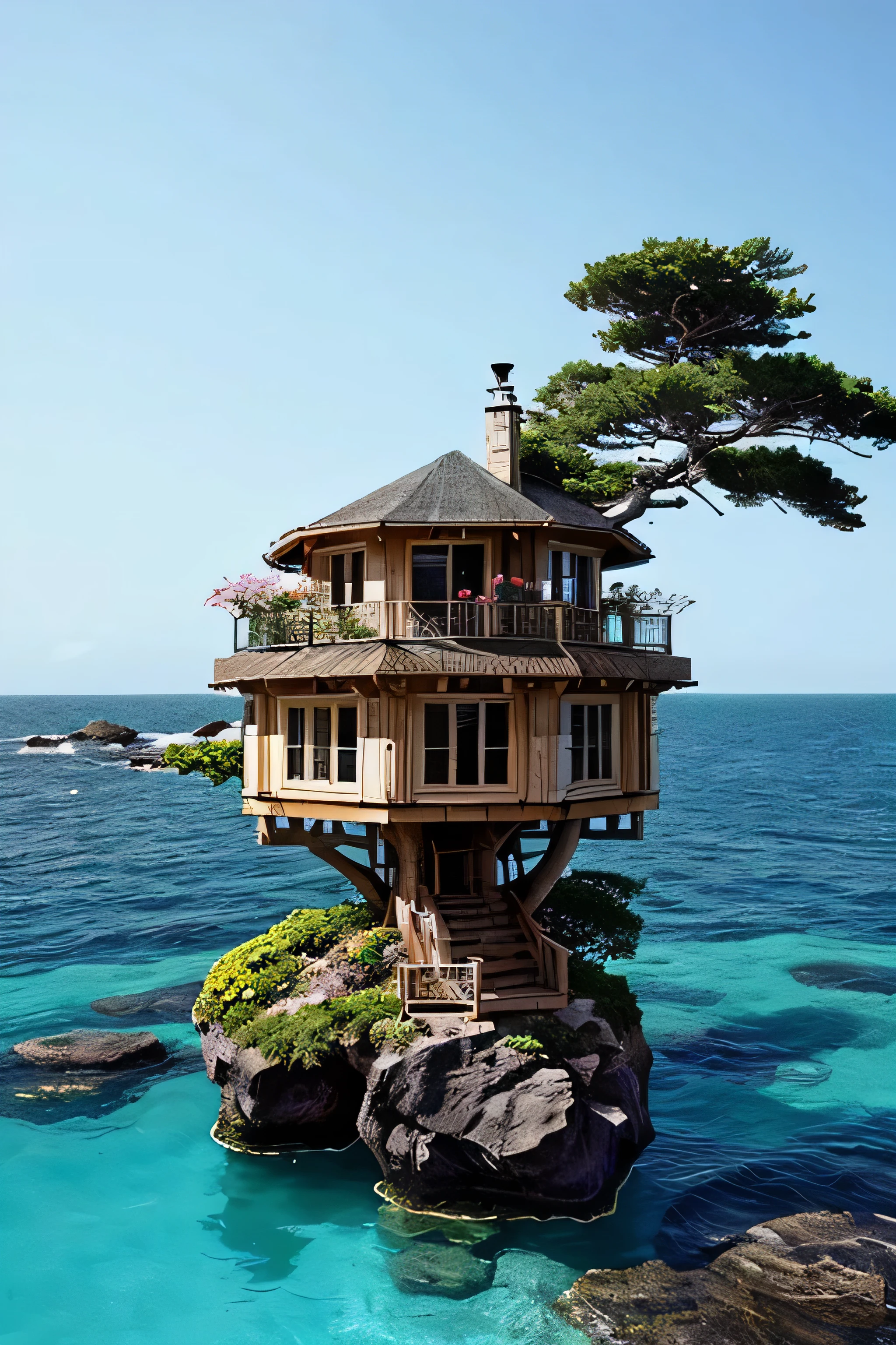 Perfection The Coolest tree house on a large rock in the middle of the sea with flowers in front of the house and trees on both sides of the house
