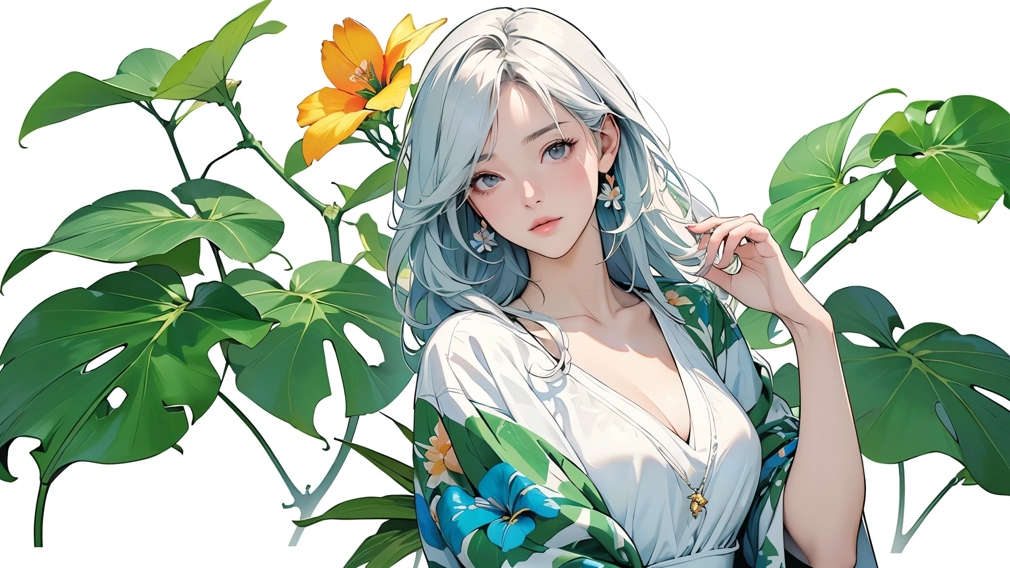 (highest quality、masterpiece、High resolution)、4K Anime Art、((Background Art))、(((Only tropical flowers and plants are drawn)))、(Blank Background)、((White Background))、