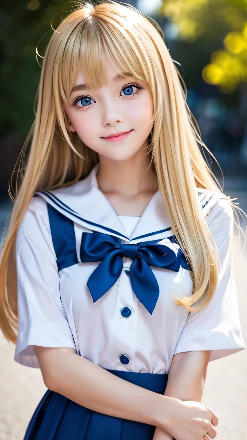 Sexy 17 year old with dazzling shiny blonde hair、Sailor suit、The cutest little beautiful face in the world、Sparkling bangs dancing in front of her pretty face、Long, silky bangs that cover the eyes、Large, clear, bright blue eyes、Hair above the eyes、Hair on the face、Super long straight hair、Cute young woman with super long blonde shiny light hair、Small Face Beauty、Round face、Large Bust