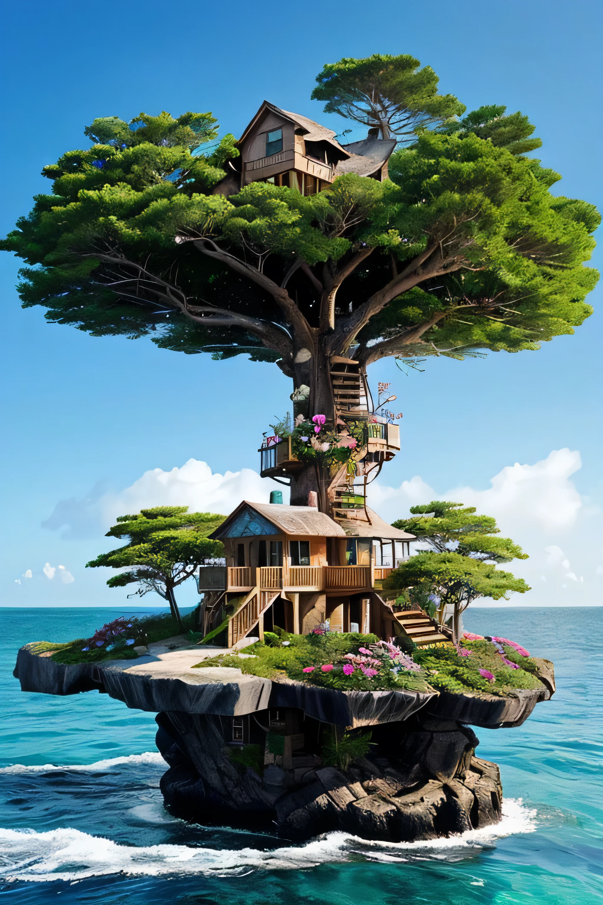 Perfection The Coolest tree house on a large rock in the middle of the sea with flowers in front of the house and trees on both sides of the house