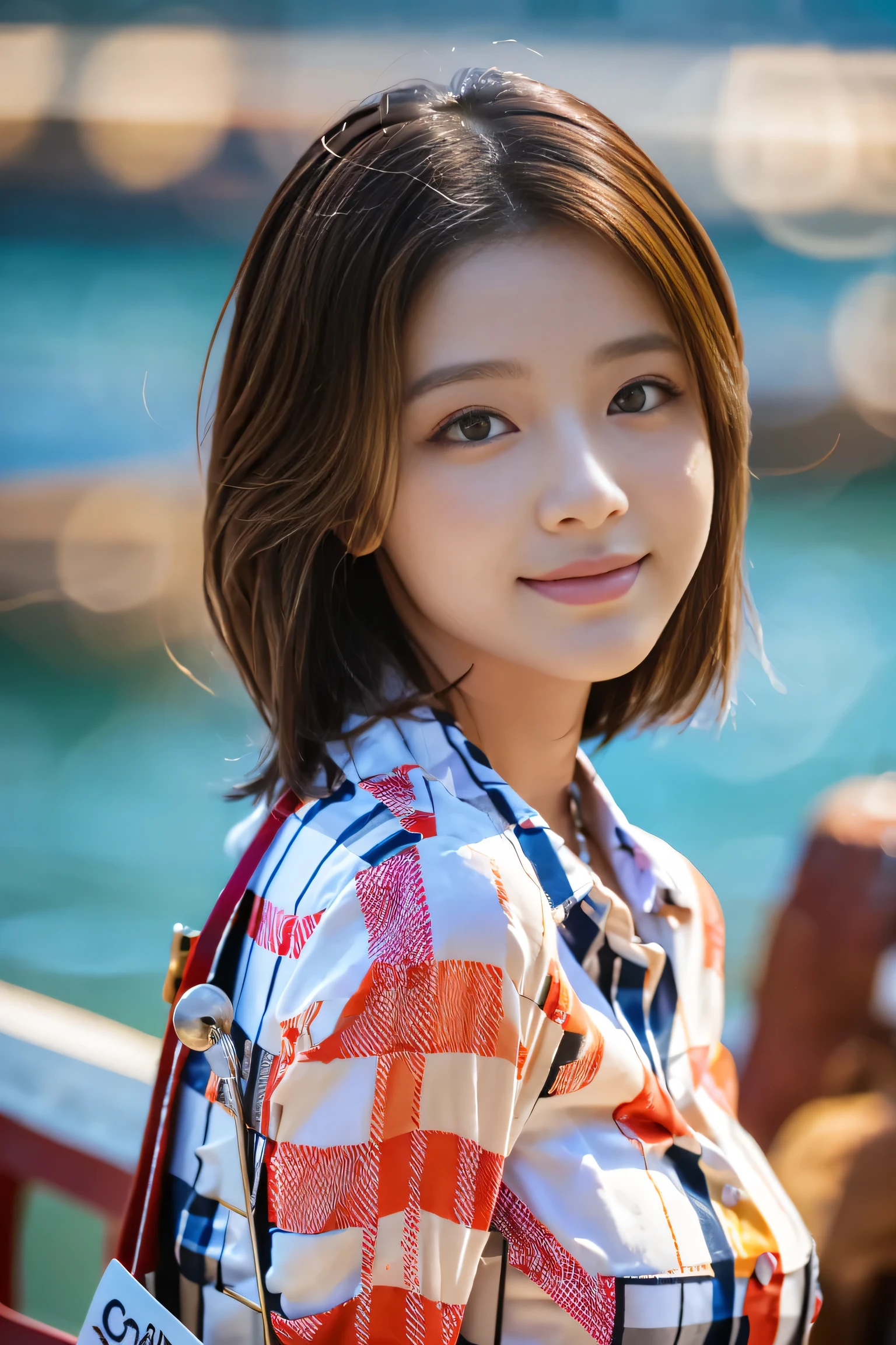 (18-year-old female), (The best quality at its best:1.4), (Super detailed), (Very detailed CG unified 16k), Beautiful woman with perfect figure: 1.4, Sharp focus: 1.2, Very detailed, High-quality RAW color photos, Professional photography, Great face and eyes, Beautiful eyelashes、cosmetics, (Amazingly beautiful girl), ((Gingham Check Shirt, White Flared Cart:1.5)), Are standing, Sexy posture,(harbor:1.3), (View from below), Realistic movie faces, Wide zoomed out view of head to foot length, Full body long view, Realistic, ((Realistic natural light brown hair color, Realistic blue eyes)),( Short Bob Hair:1.5), nice, Very beautiful face, Perfect model beauty, Mouth swelling, Highly detailed face and skin texture, Fine grain, double eyelid, Medium chest, smile, Crack, west, (masterpiece), highest quality, High resolution, Very detailed, Blurred Background, Depth of written boundary, Cinema Lighting, Great legs, High heels, Clear, well-maintained skin, (((Women make up the majority of the photo)))