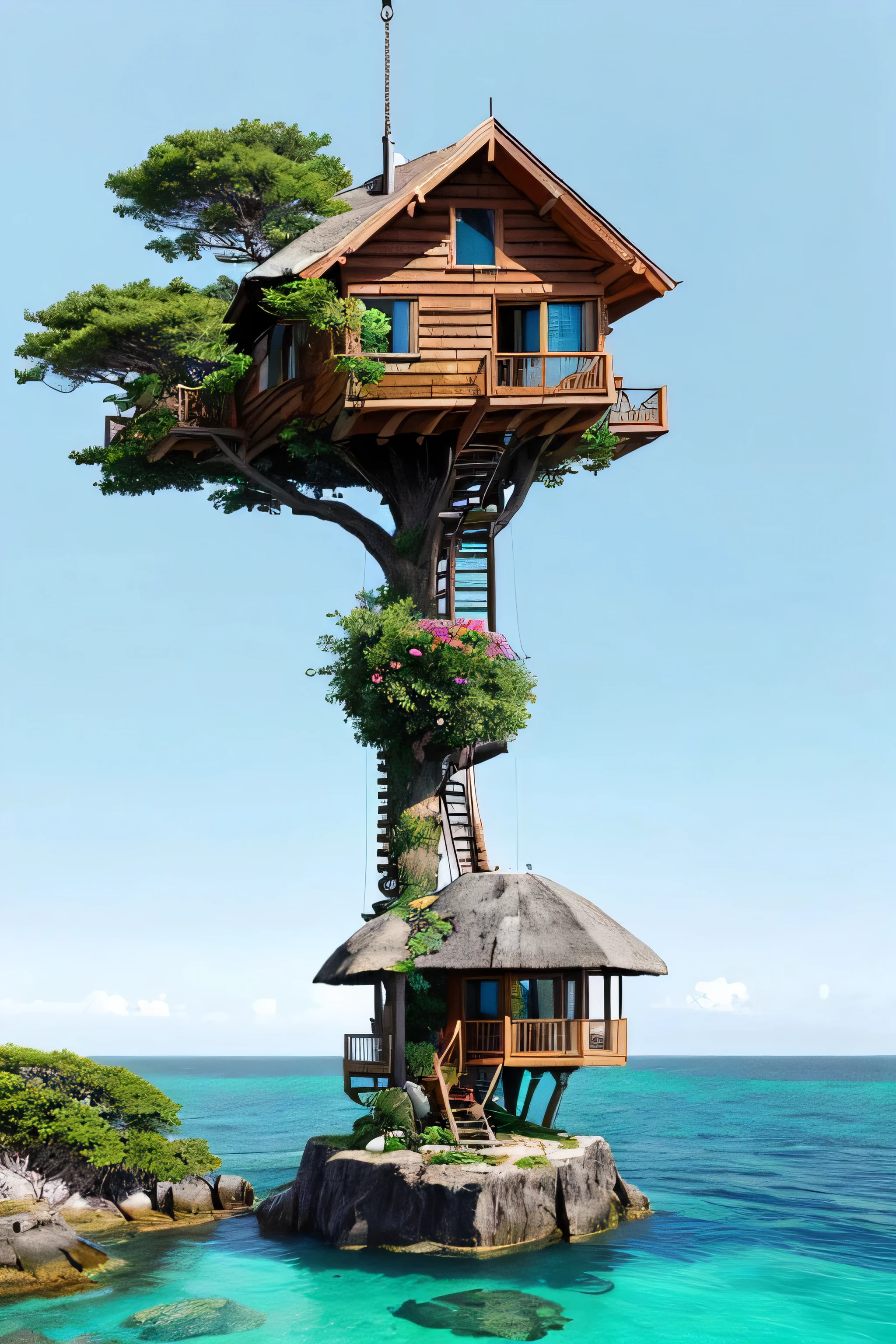 Perfection The Coolest tree house on a large rock in the middle of the sea with flowers in front of the house and trees on both sides of the house
