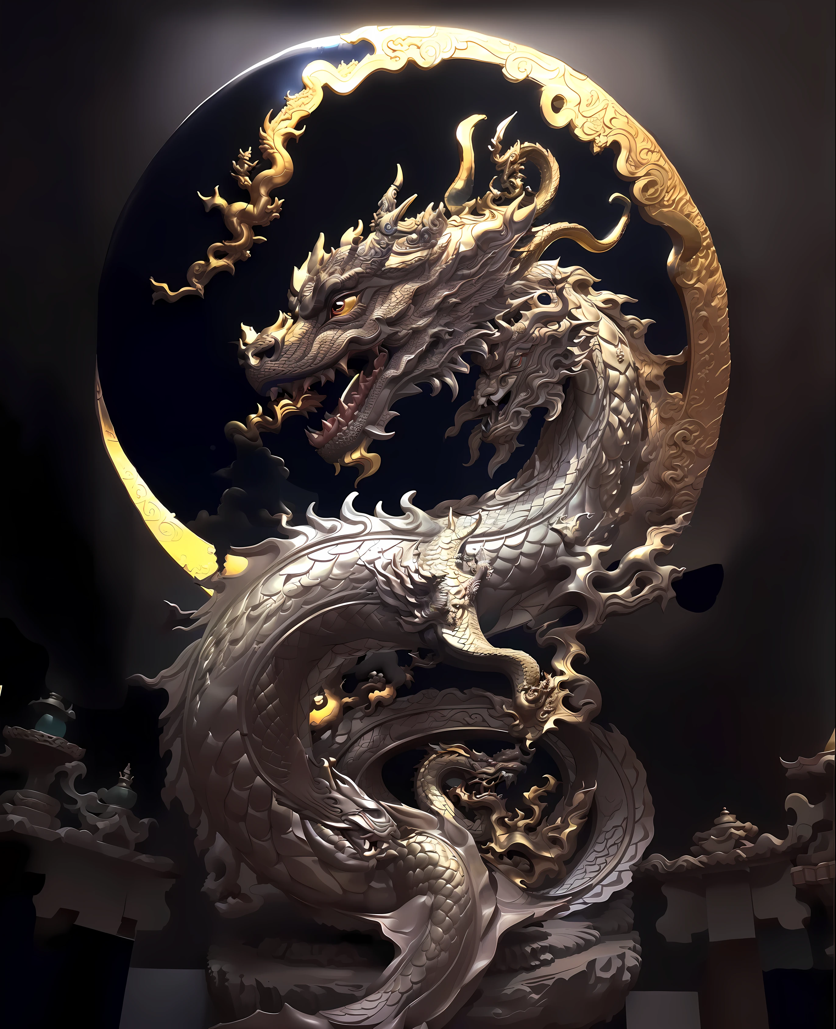 a close up of a dragon statue with a full moon in the background, smooth chinese dragon, chinese dragon concept art, dragon art, loong, chinese dragon, majestic japanese dragon, dragon, a dragon, dragon centered, oil painting of dragon, god of dragons, lung dragon, golden dragon, chinese fantasy, by Yang J, dragon snake with wings