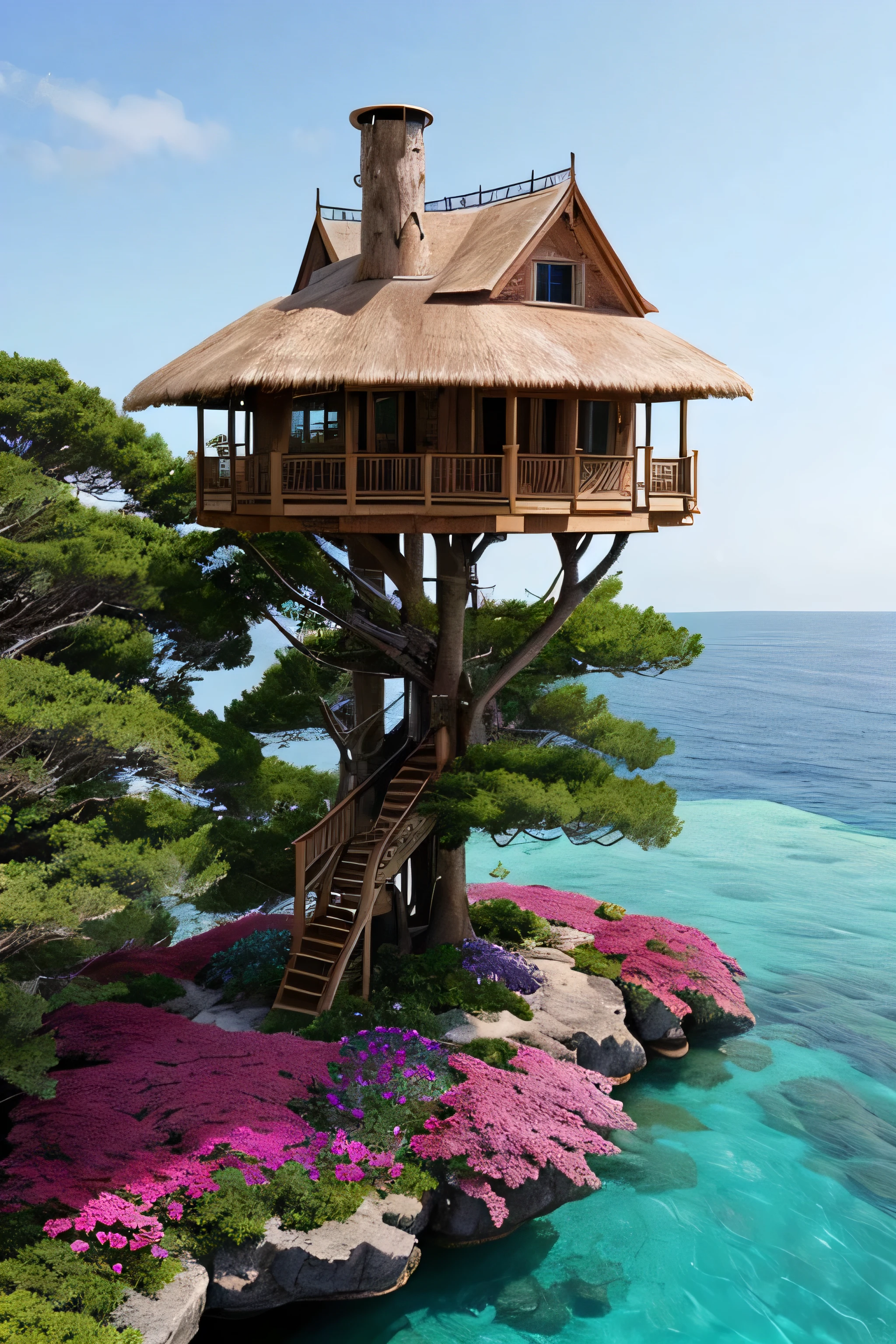 Perfection The Coolest tree house on a large rock in the middle of the sea with flowers in front of the house and trees on both sides of the house
