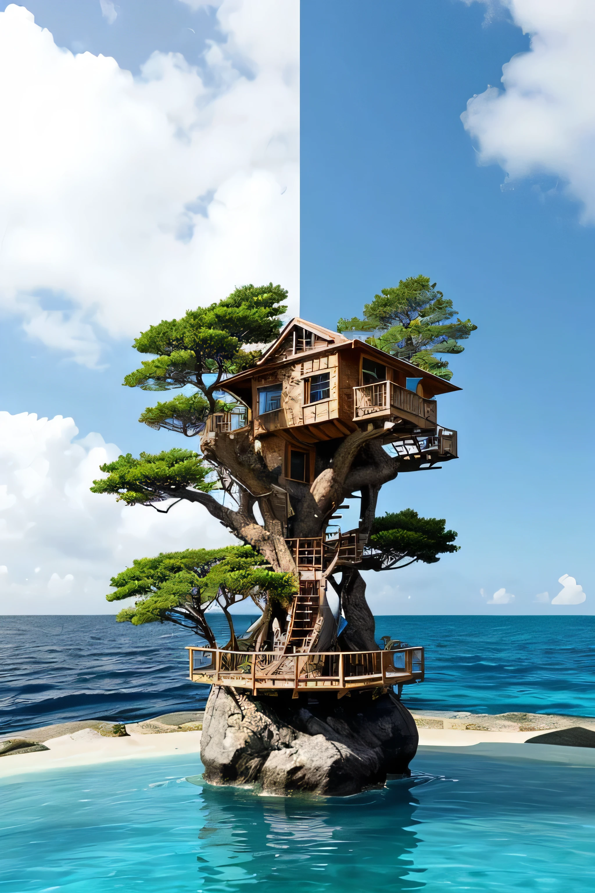 Perfection The Coolest tree house on a large rock in the middle of the sea with flowers in front of the house and trees on both sides of the house
