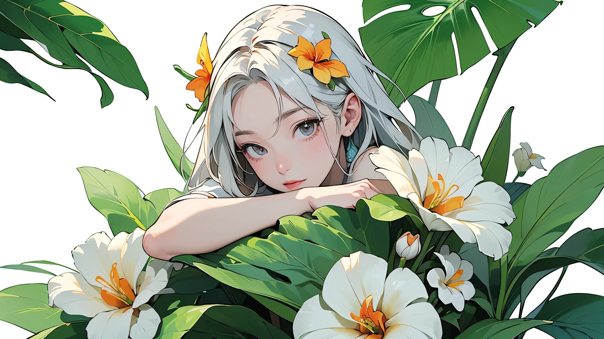 (highest quality、masterpiece、High resolution)、4K Anime Art、((Background Art))、(((Only tropical flowers and plants are drawn)))、(Blank Background)、((White Background))、