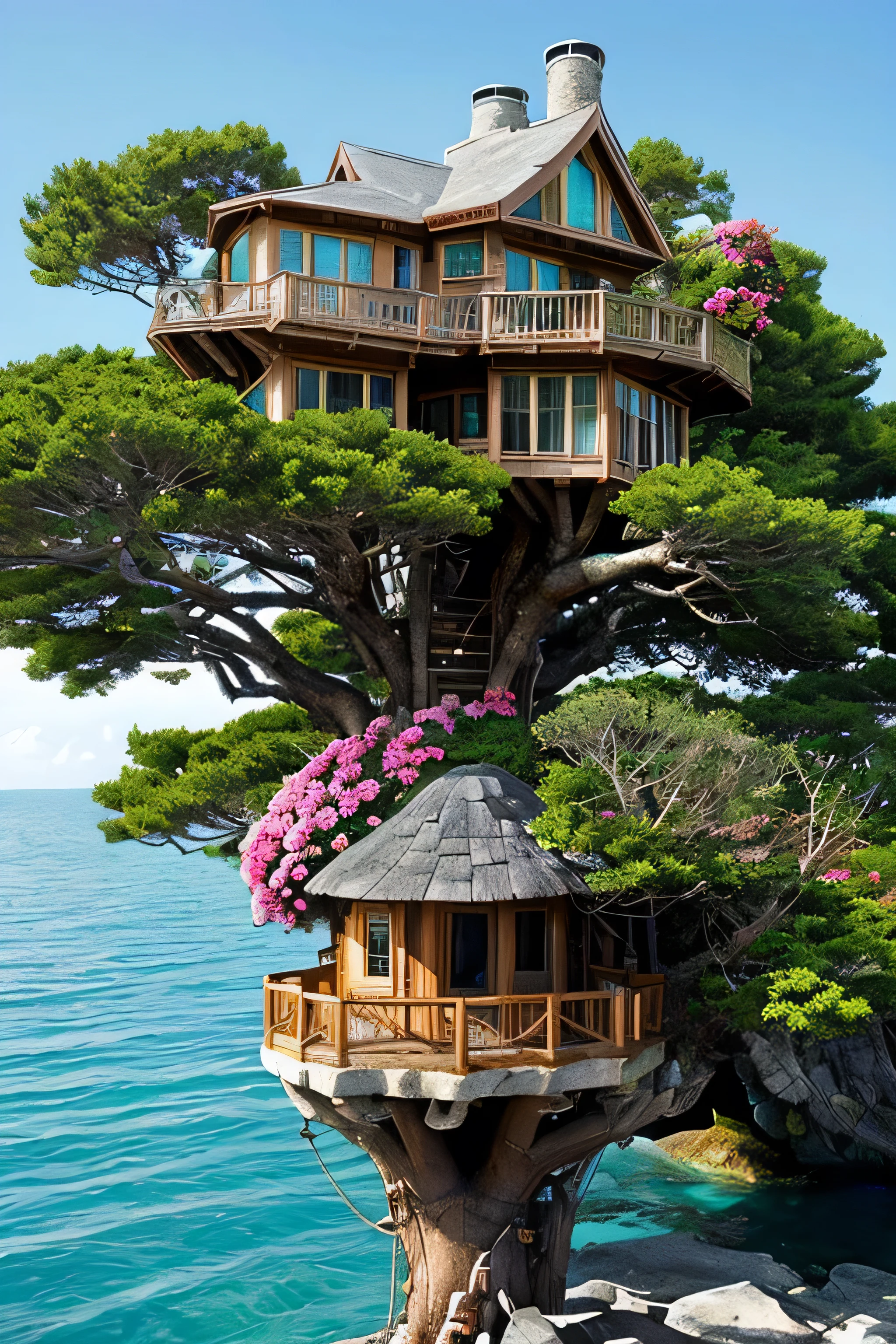 Perfection The Coolest tree house on a large rock in the middle of the sea with flowers in front of the house and trees on both sides of the house
