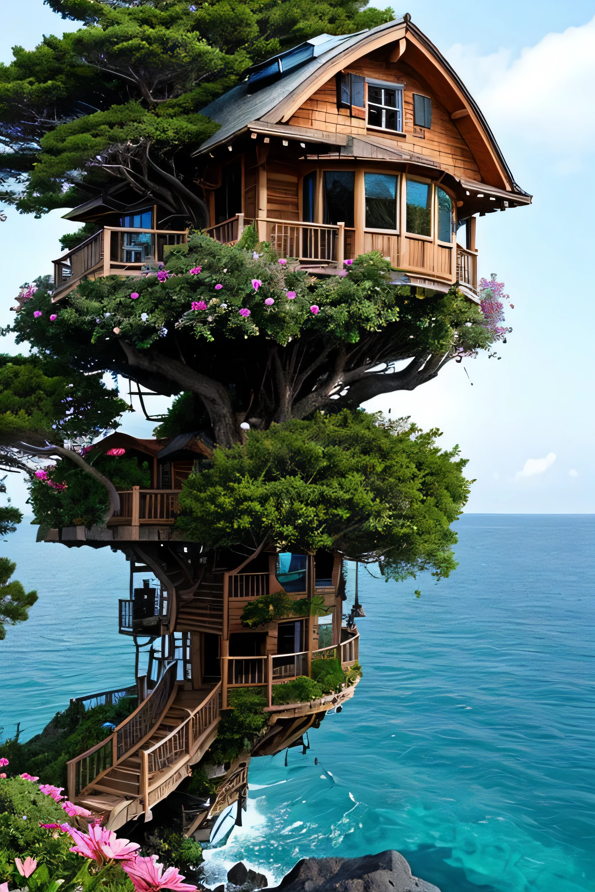 Perfection The Coolest tree house on a large rock in the middle of the sea with flowers in front of the house and trees on both sides of the house
